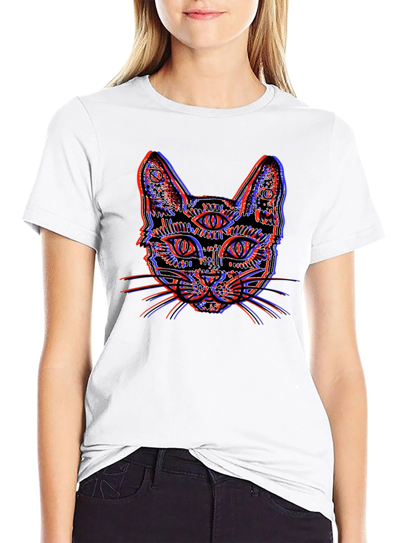 Psychedelic Cat Graphic Tee - Unique 3D Effect Design
