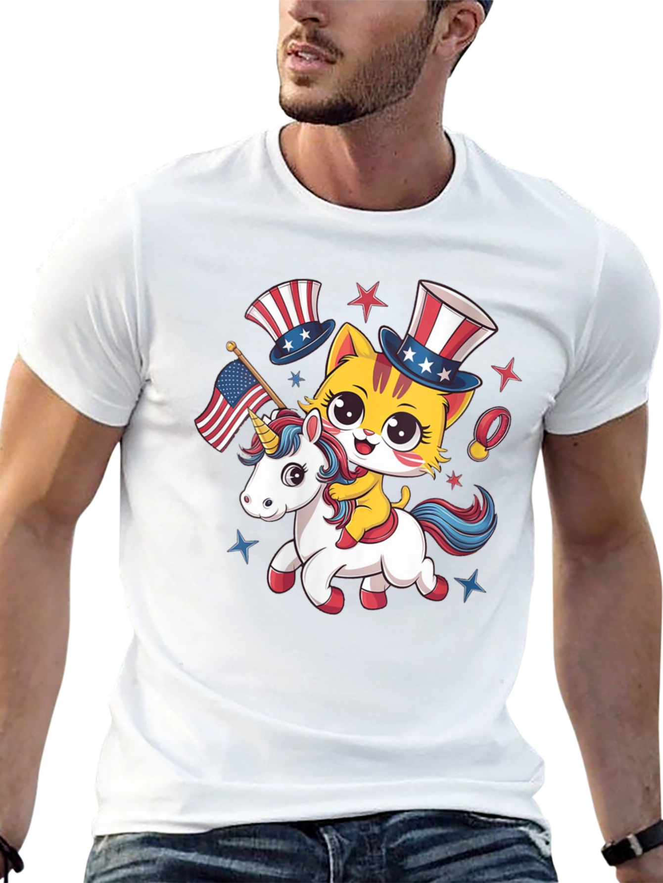Patriotic Cat Riding Unicorn T-Shirt