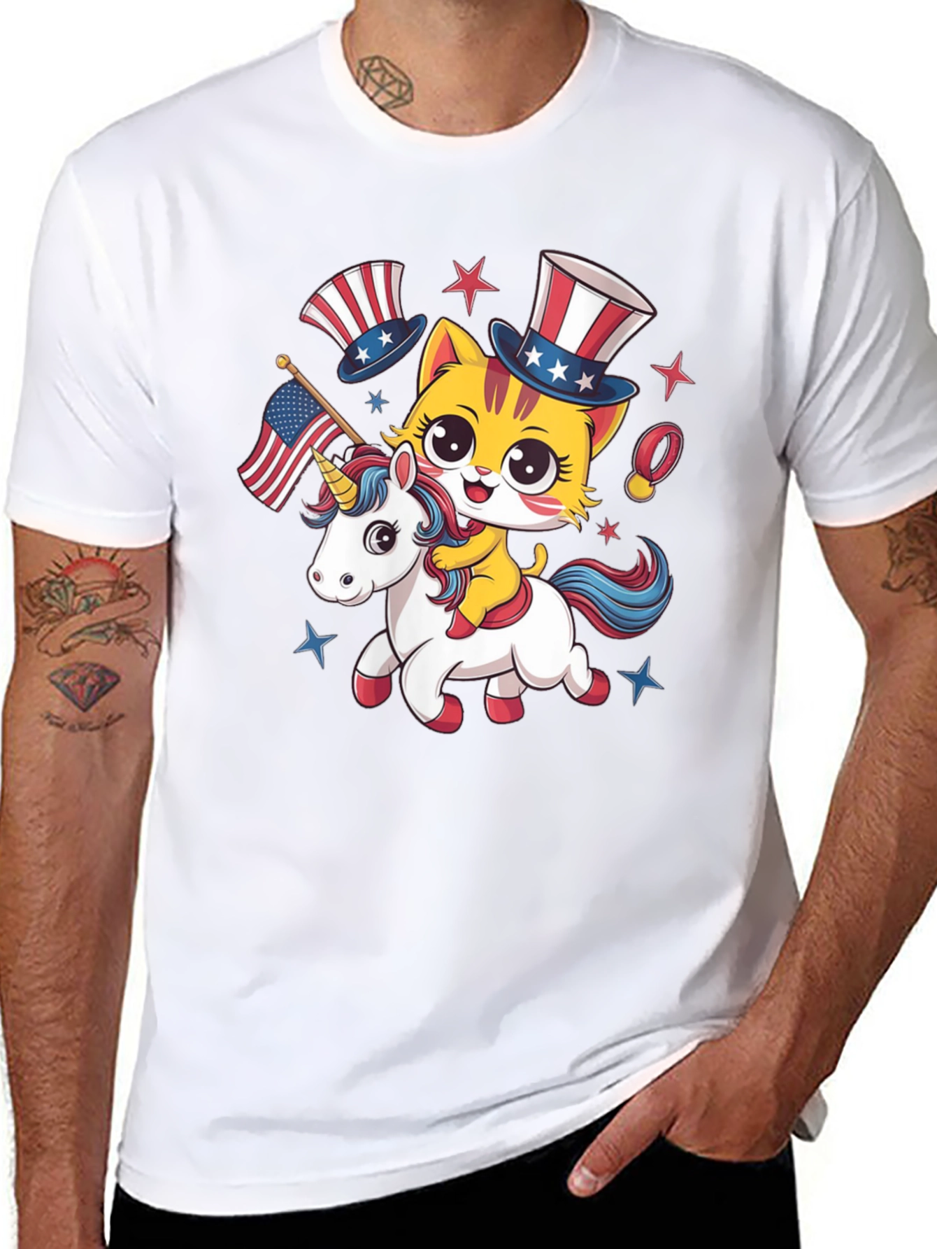 Patriotic Cat Riding Unicorn T-Shirt