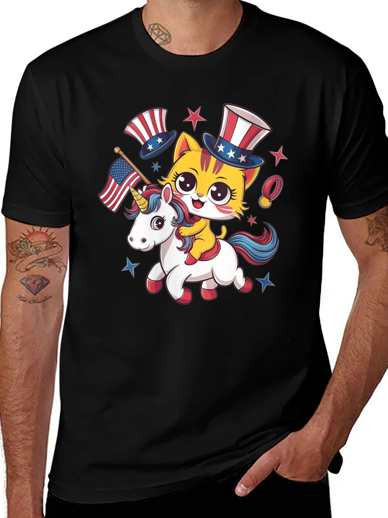 Patriotic Cat Riding Unicorn T-Shirt