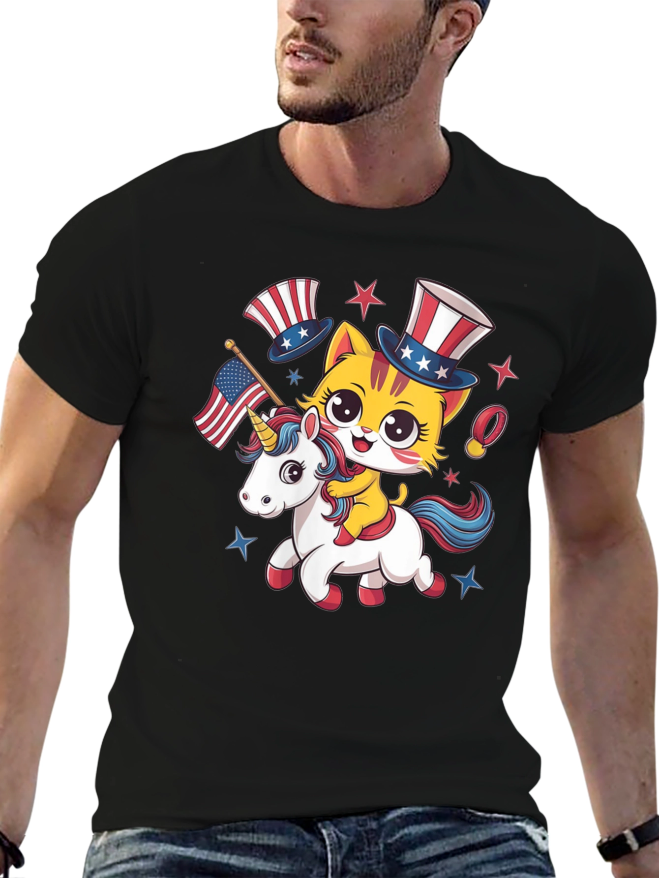 Patriotic Cat Riding Unicorn T-Shirt