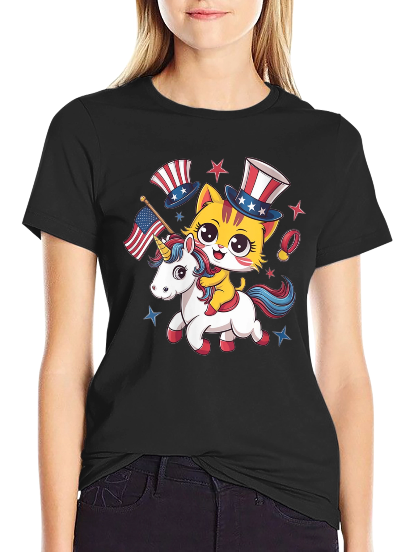 Patriotic Cat Riding Unicorn T-Shirt