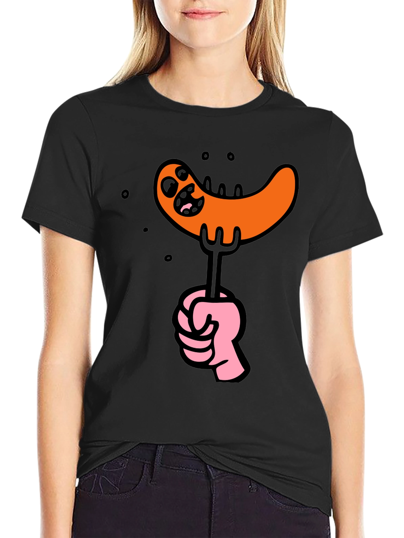 Funny Sausage Cartoon Graphic Tee - Black Cotton T-Shirt
