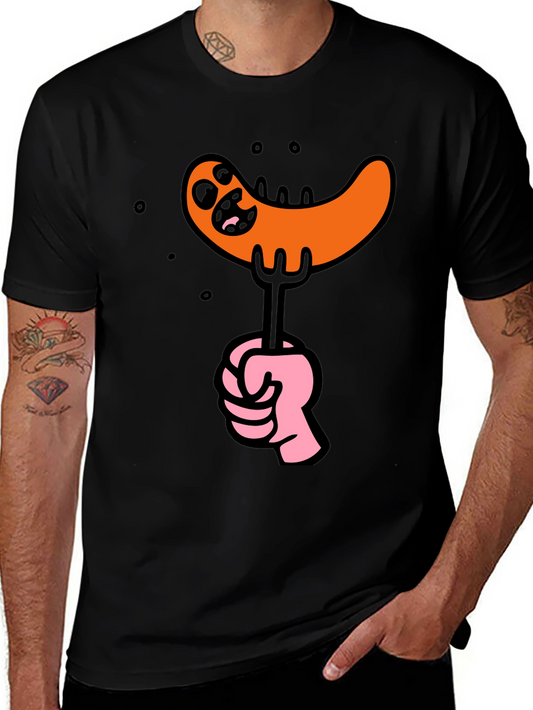 Funny Sausage Cartoon Graphic Tee - Black Cotton T-Shirt
