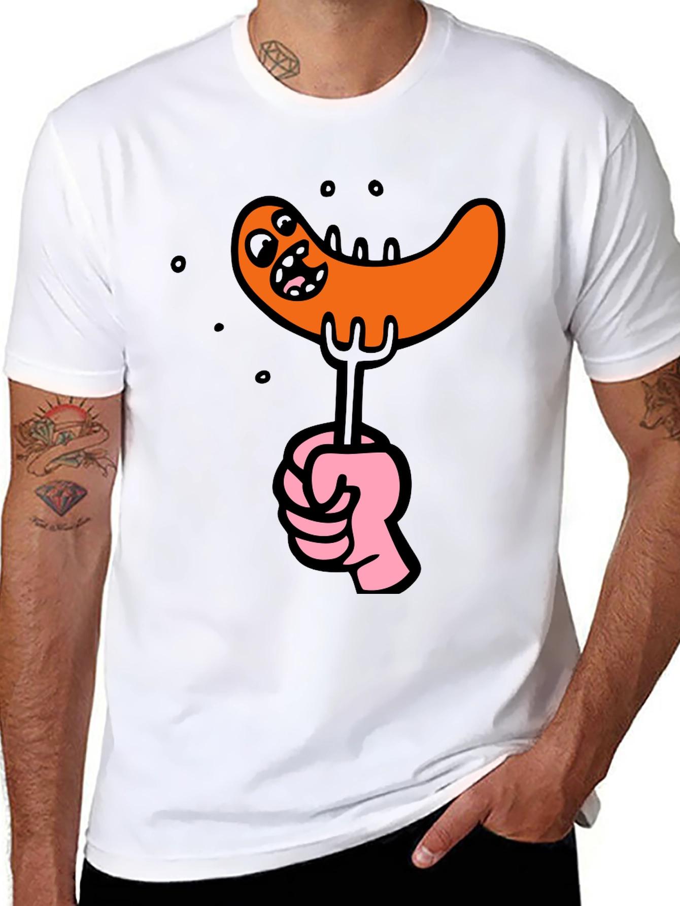 Funny Sausage Cartoon Graphic Tee - Black Cotton T-Shirt