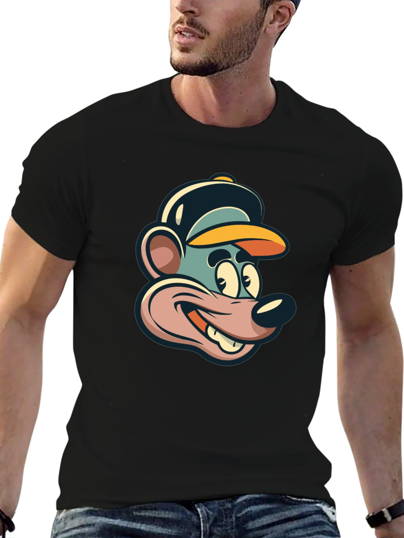 Cartoon Mouse Graphic Tee - Black Cotton T-Shirt