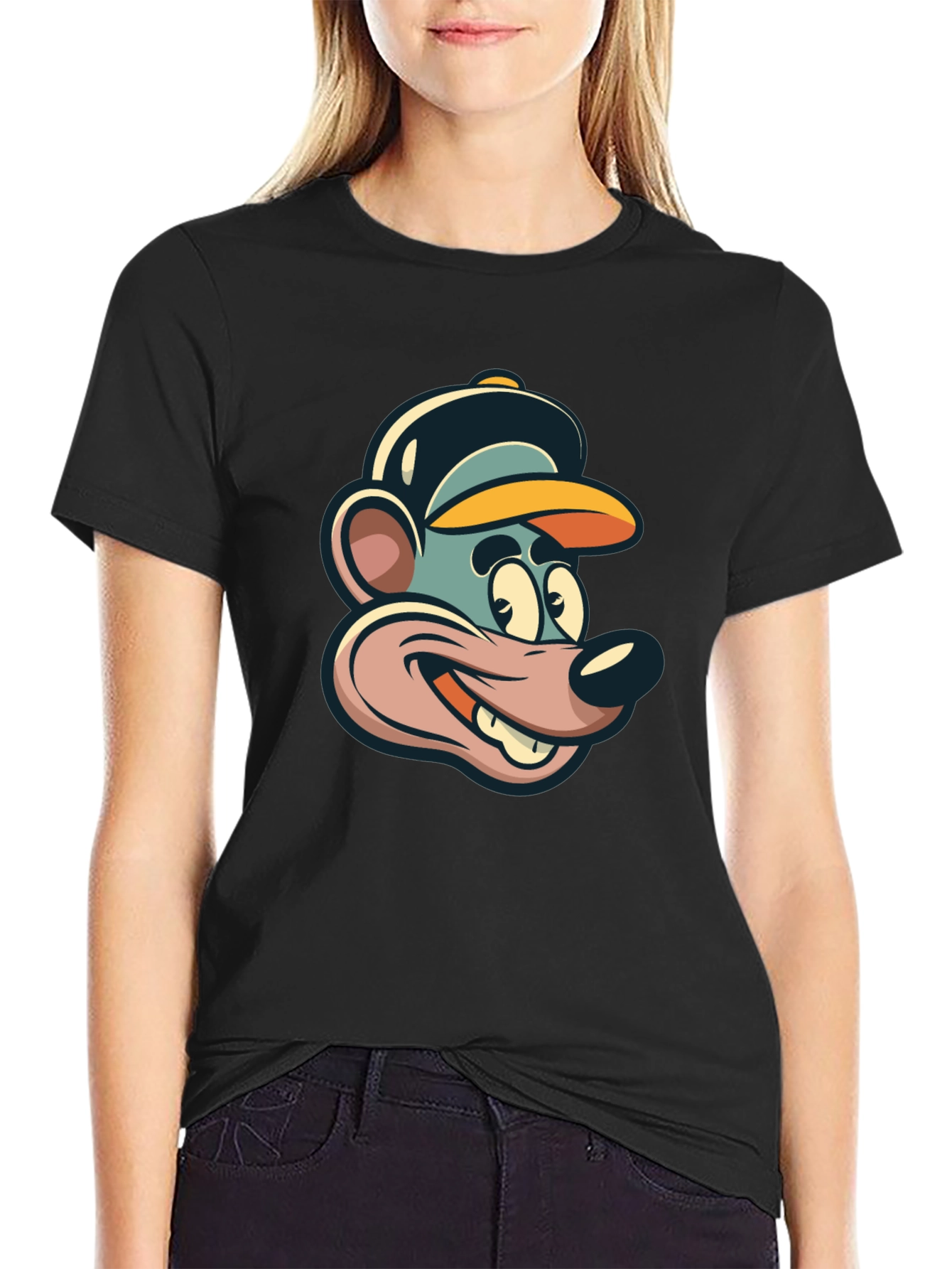 Cartoon Mouse Graphic Tee - Black Cotton T-Shirt