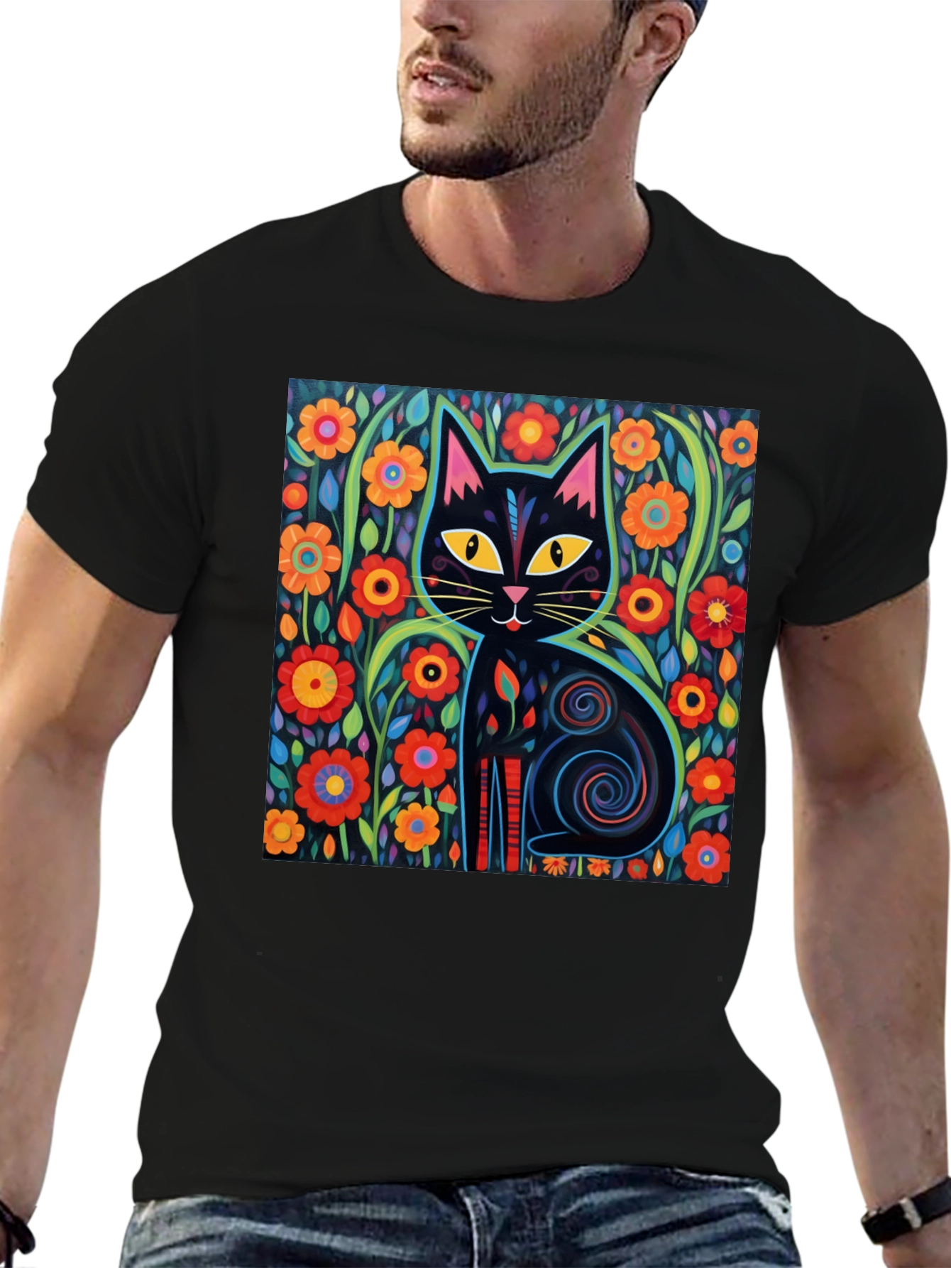 Floral Cat Graphic Tee - Black