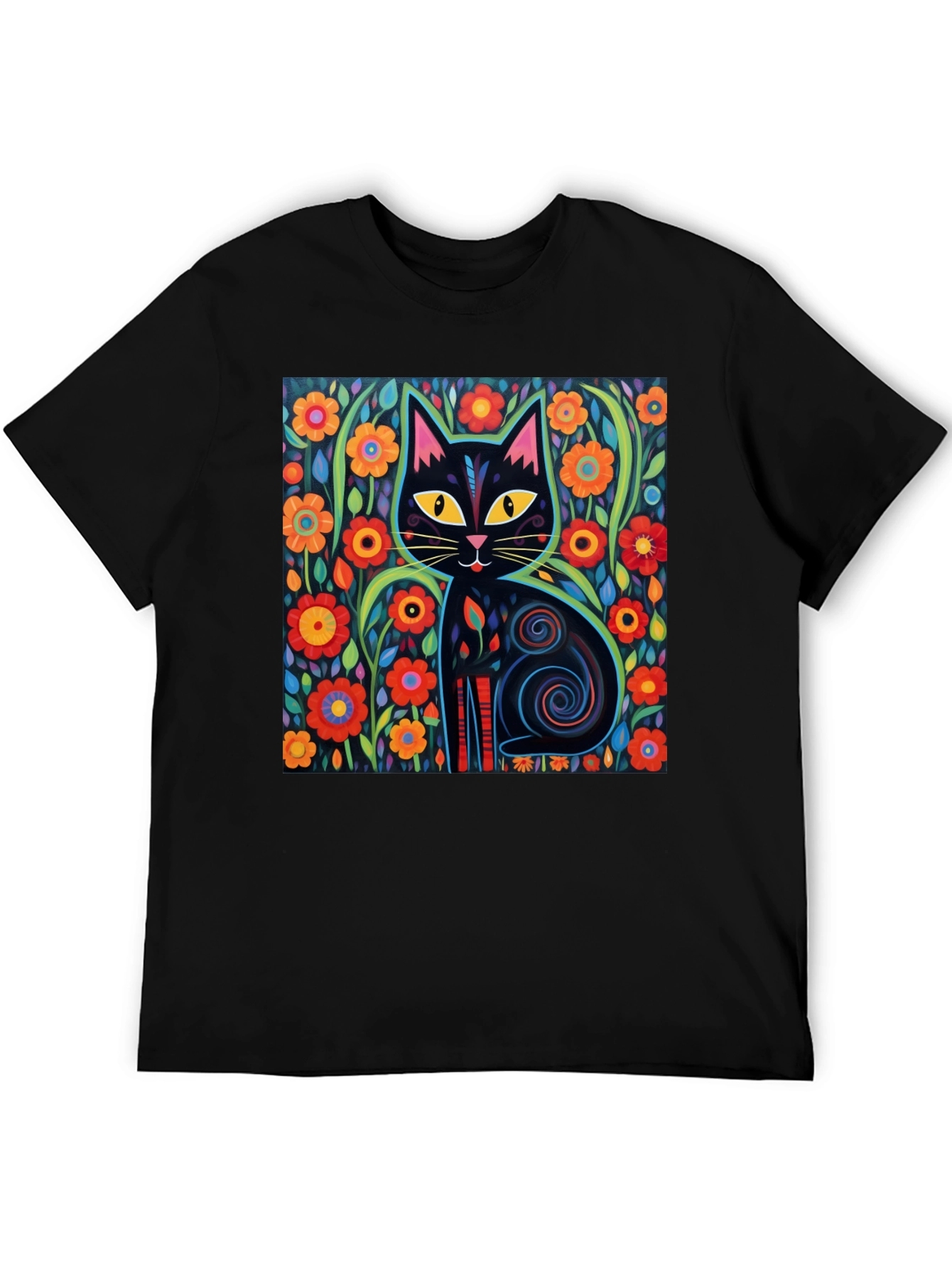 Floral Cat Graphic Tee - Black