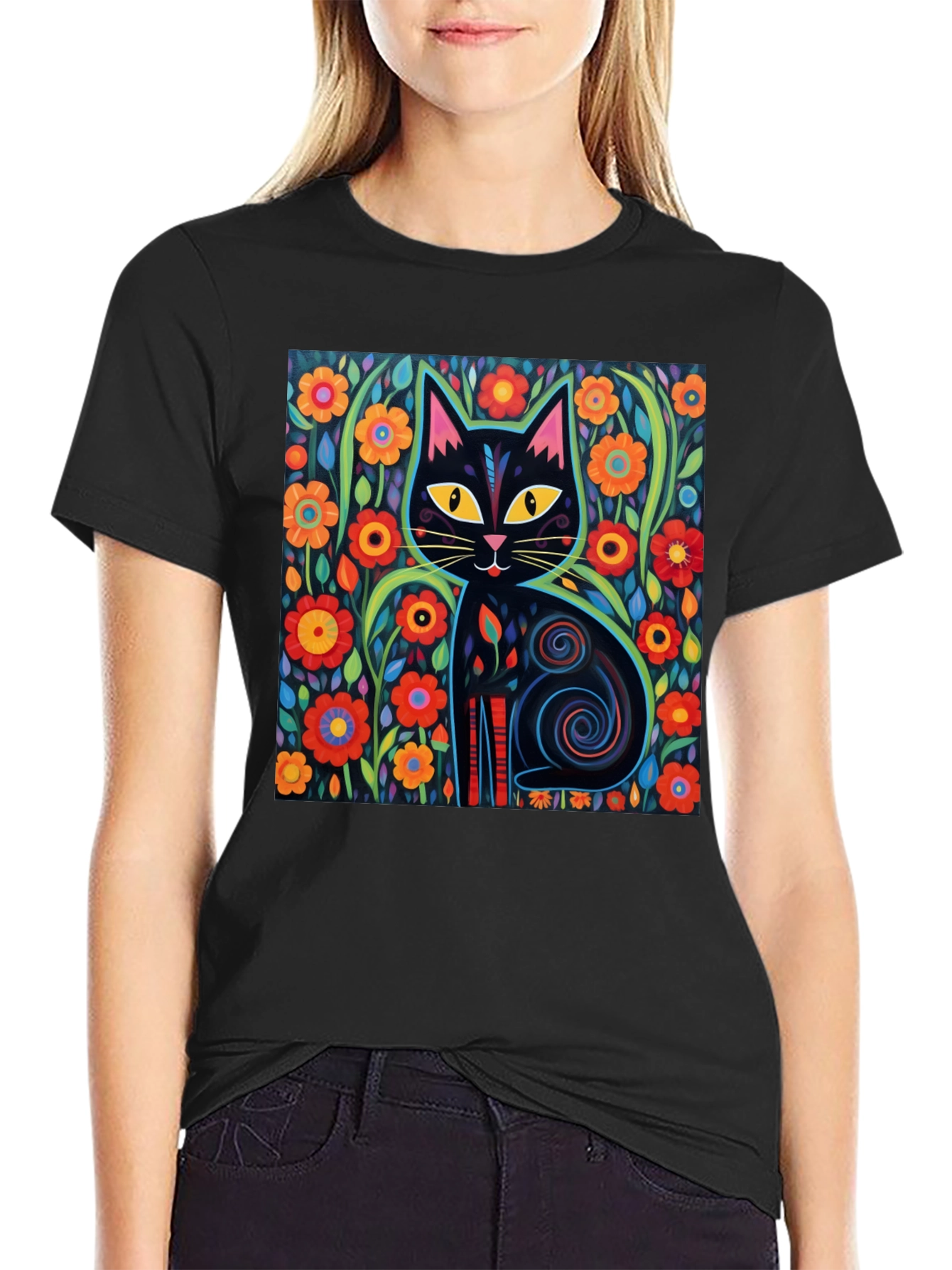 Floral Cat Graphic Tee - Black