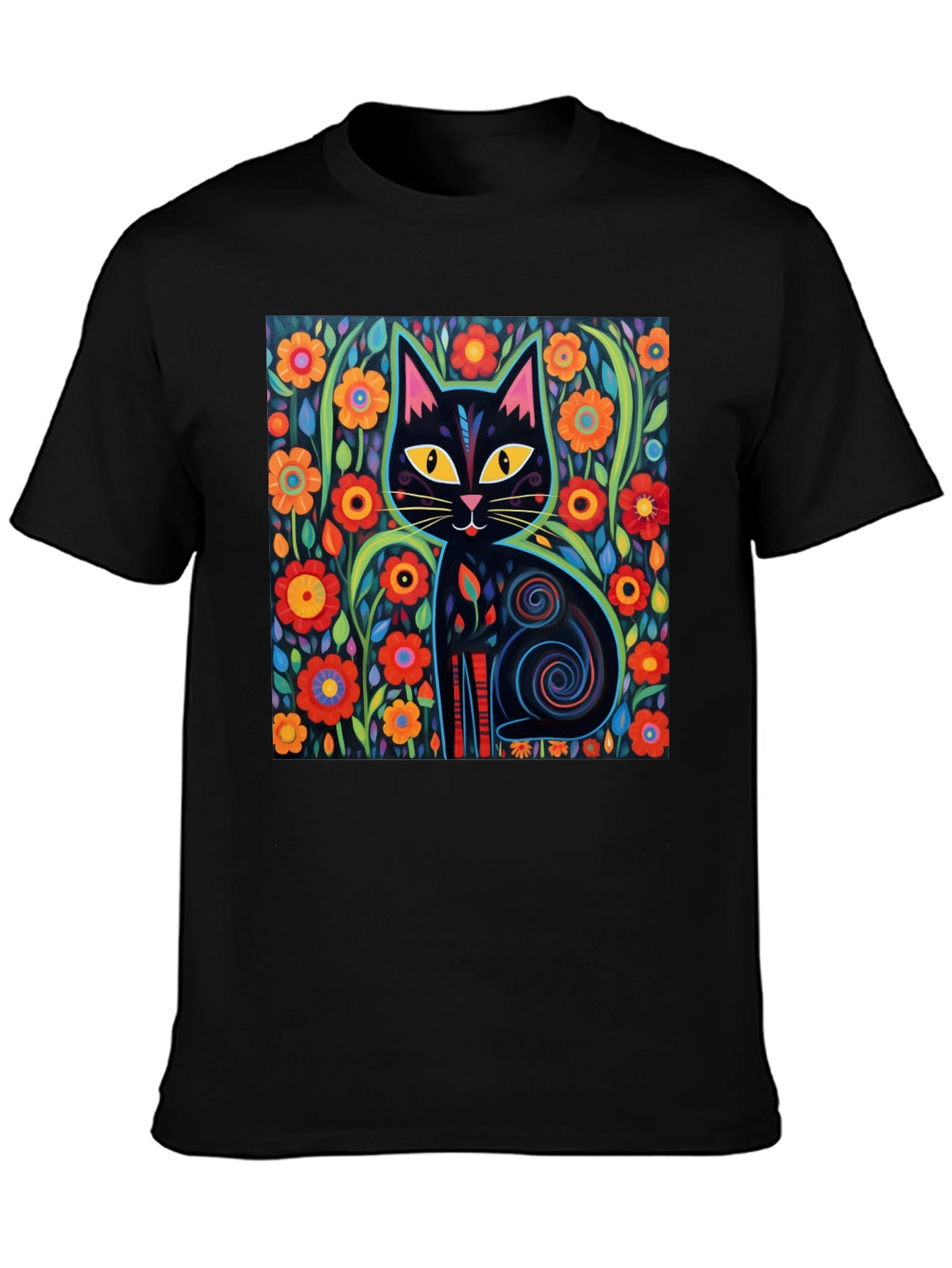 Floral Cat Graphic Tee - Black
