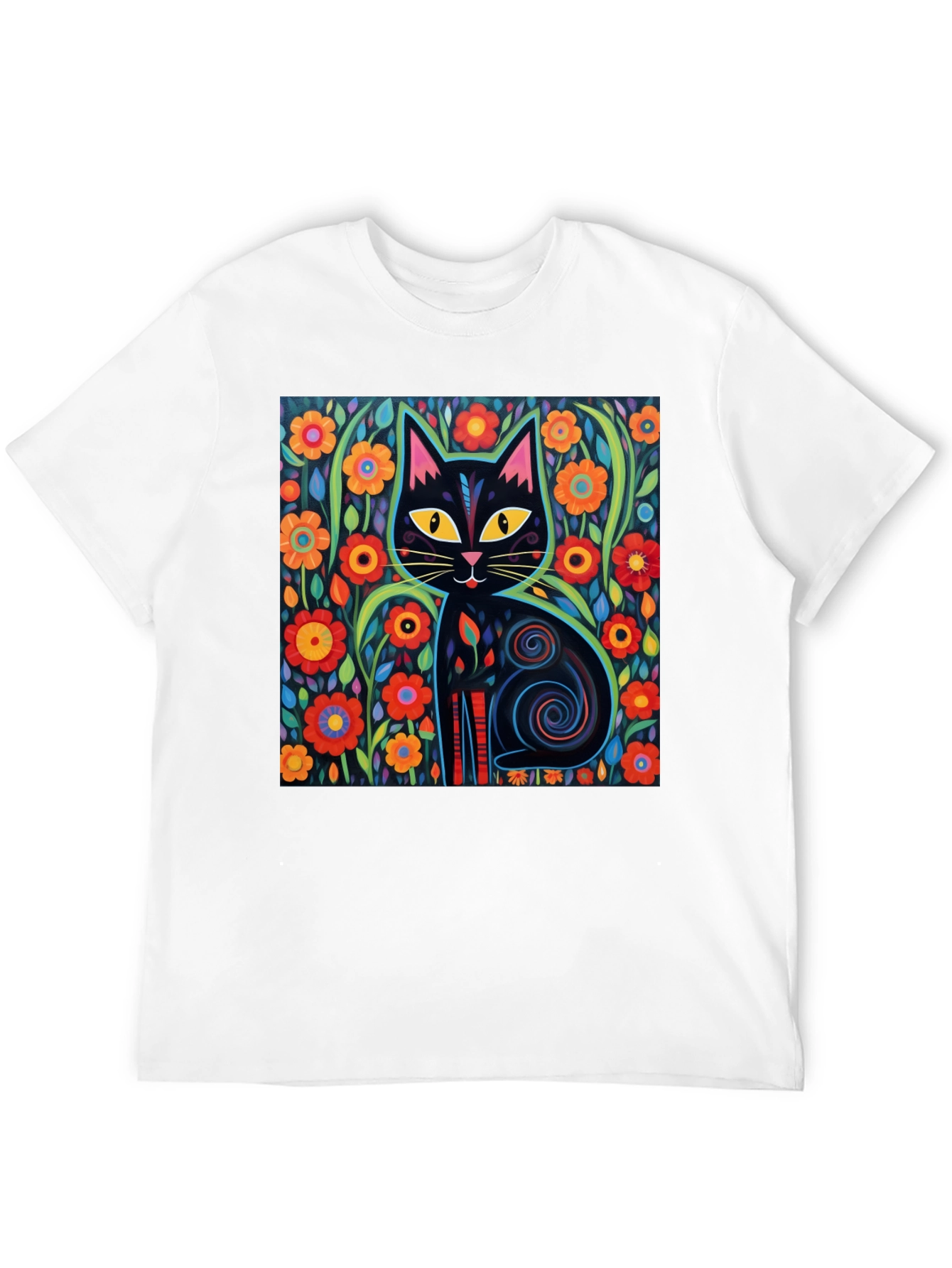 Floral Cat Graphic Tee - Black