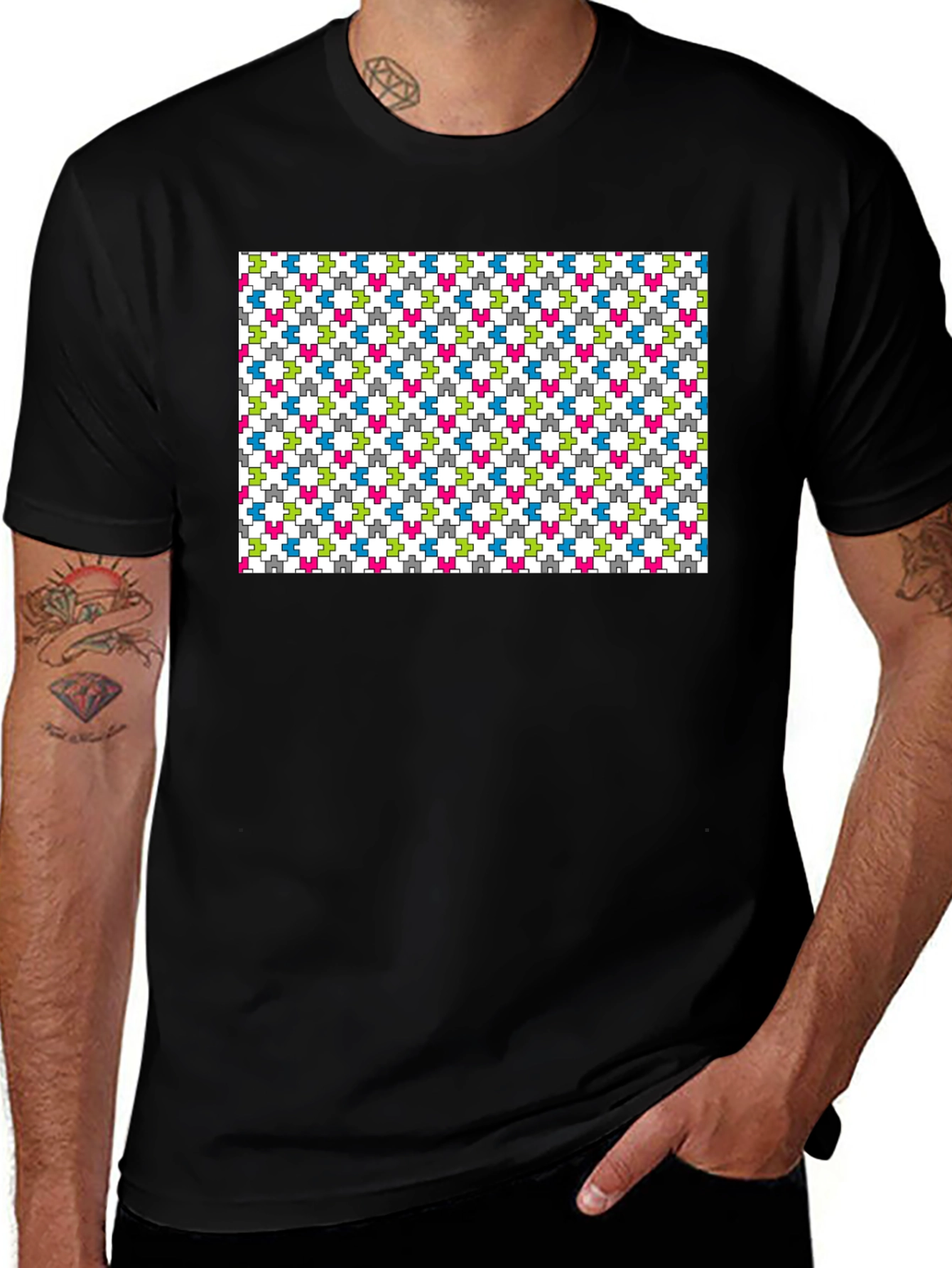 Geometric Puzzle Piece Pattern Black T-Shirt