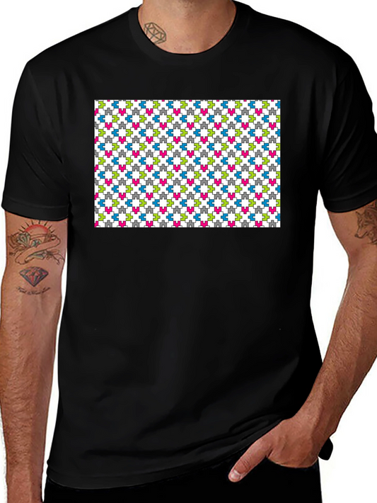 Geometric Puzzle Piece Pattern Black T-Shirt