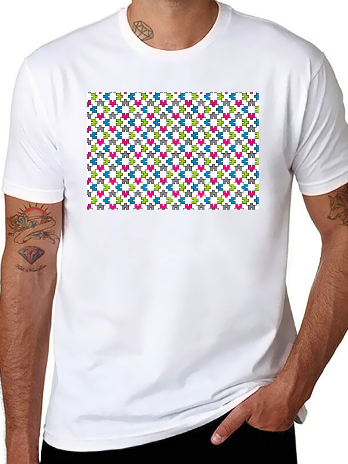 Geometric Puzzle Piece Pattern Black T-Shirt