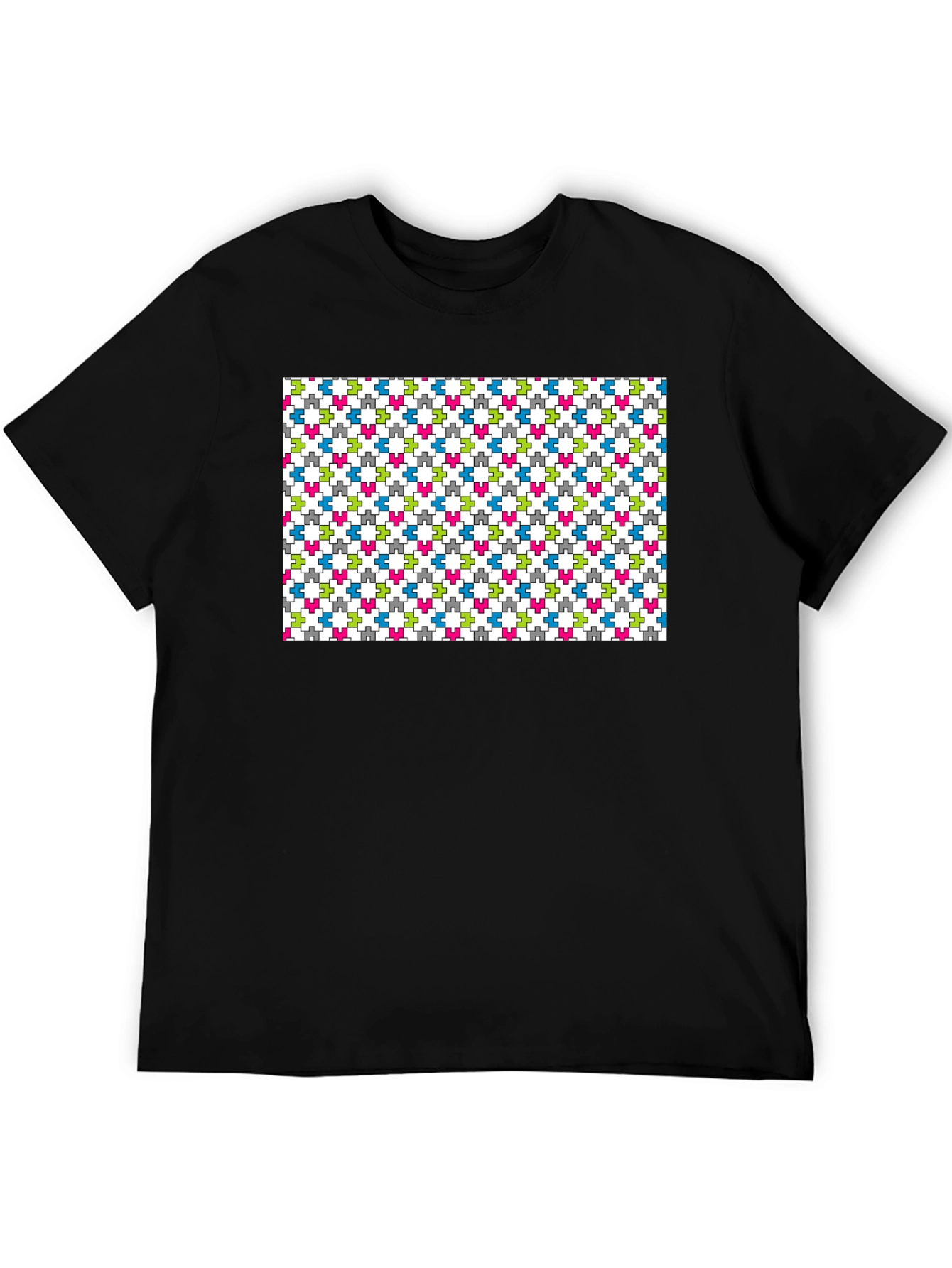 Geometric Puzzle Piece Pattern Black T-Shirt