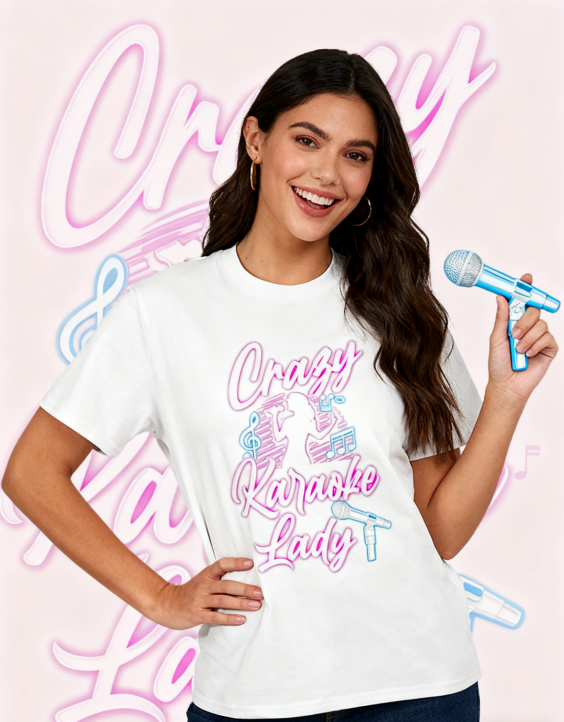 Crazy Karaoke Lady Neon Graphic T-Shirt - Karaoke Lover Casual Comfort Tee