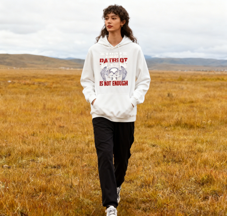 Say You're a Patriot Is Not Enough" Skull Graphic Hoodie - Unisex Edgy Streetwear Pullover (Black & White)