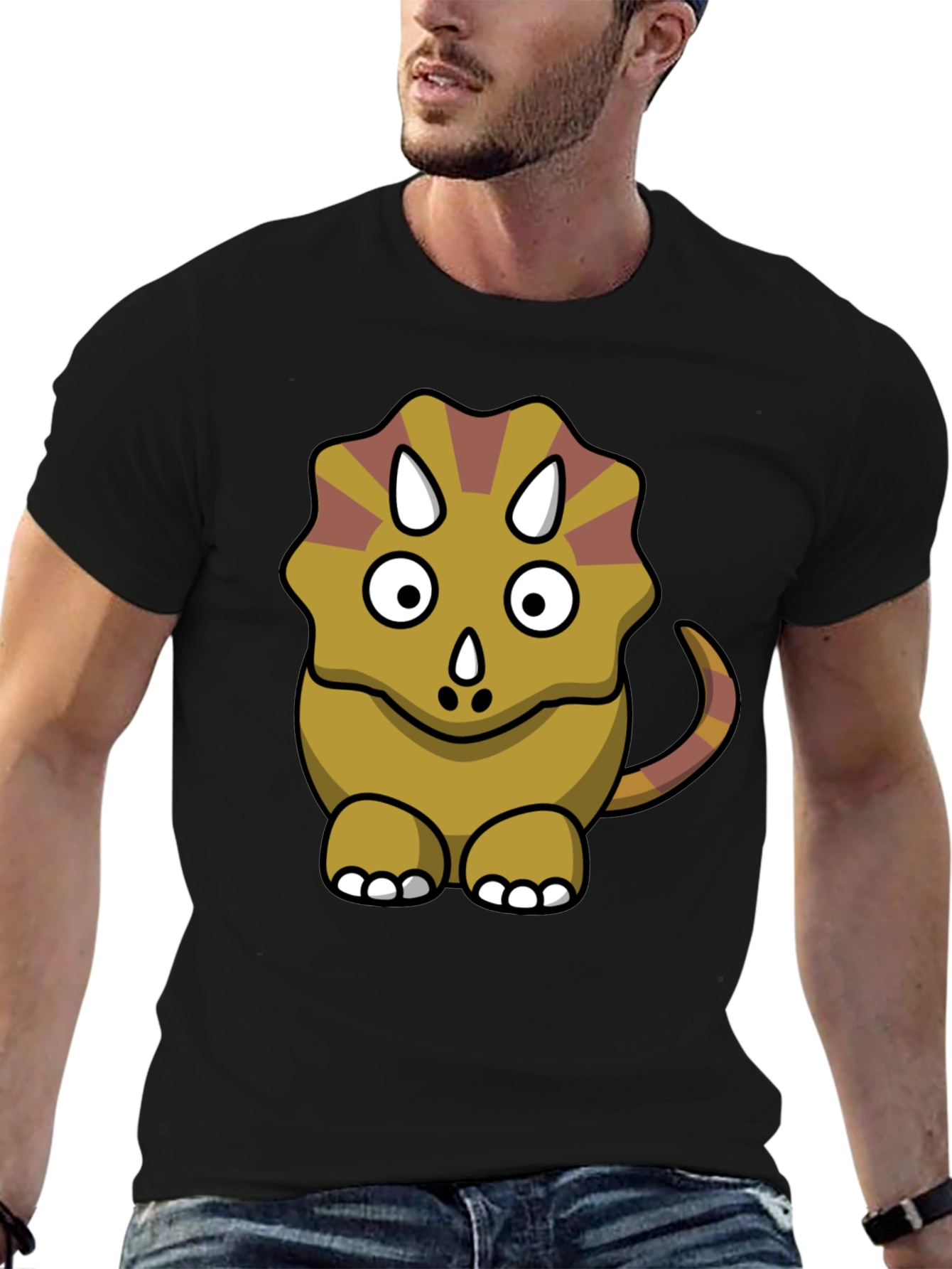 Cute Triceratops Cartoon Graphic Black T-Shirt