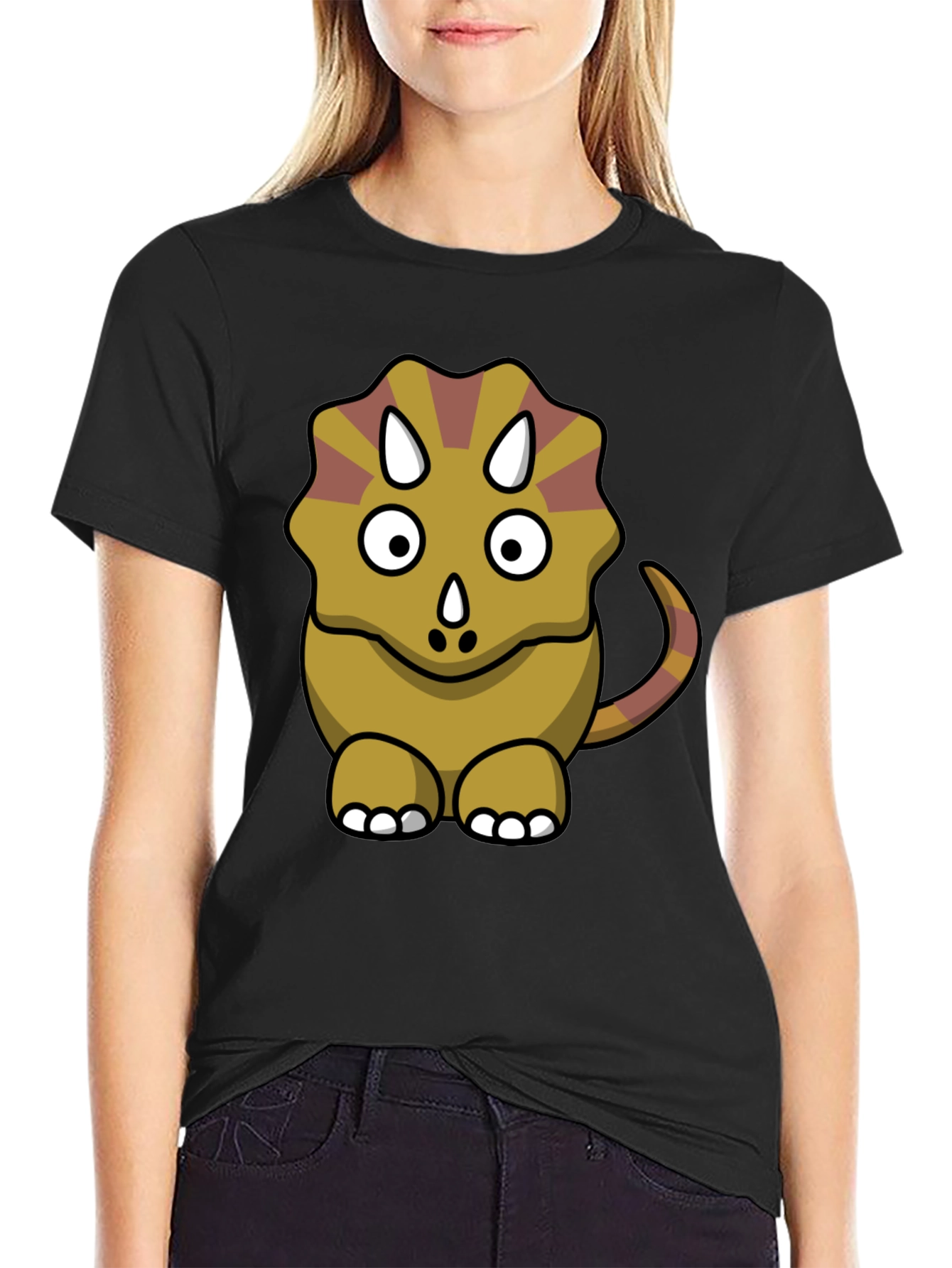 Cute Triceratops Cartoon Graphic Black T-Shirt