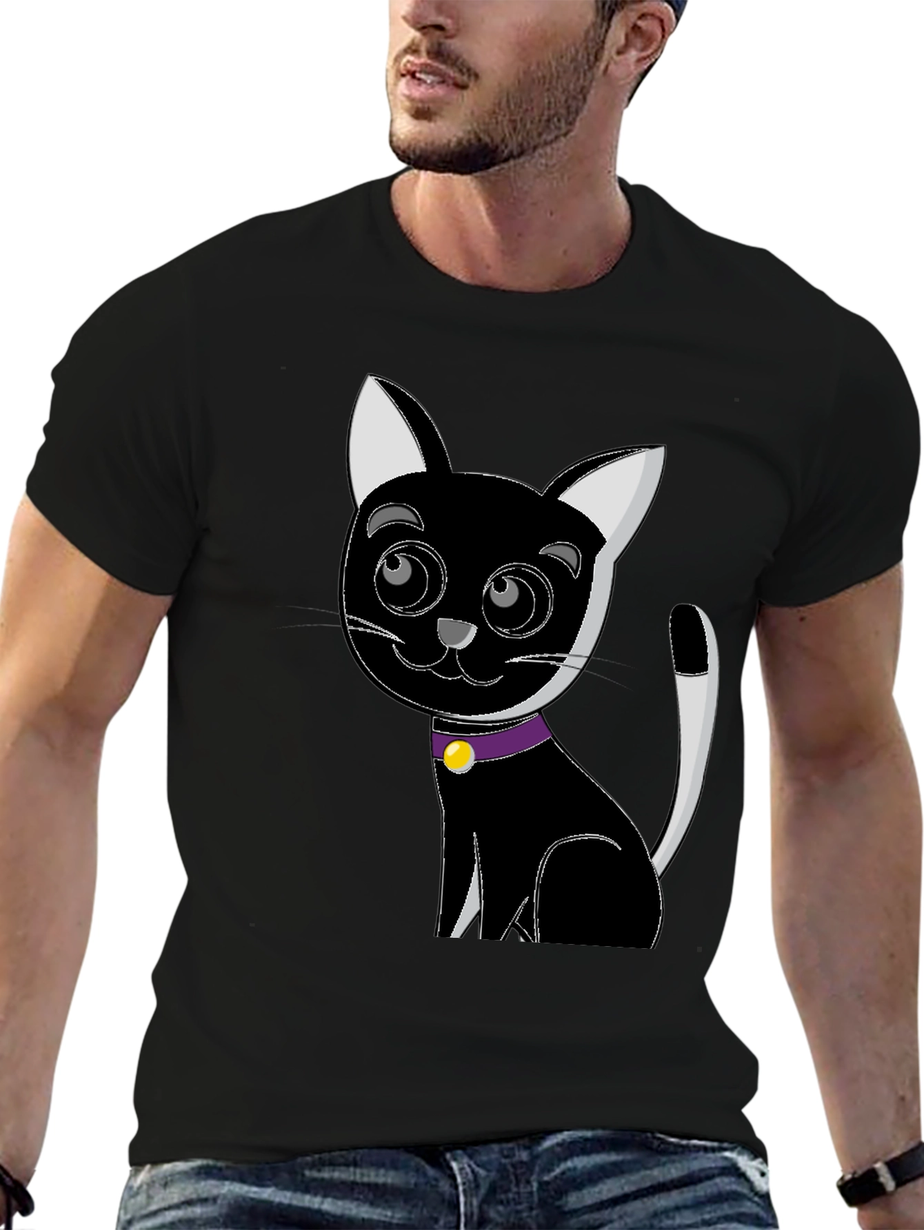 Cartoon Cat Graphic Tee - Black