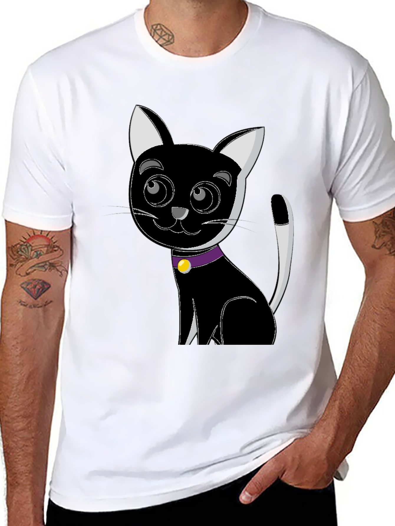 Cartoon Cat Graphic Tee - Black