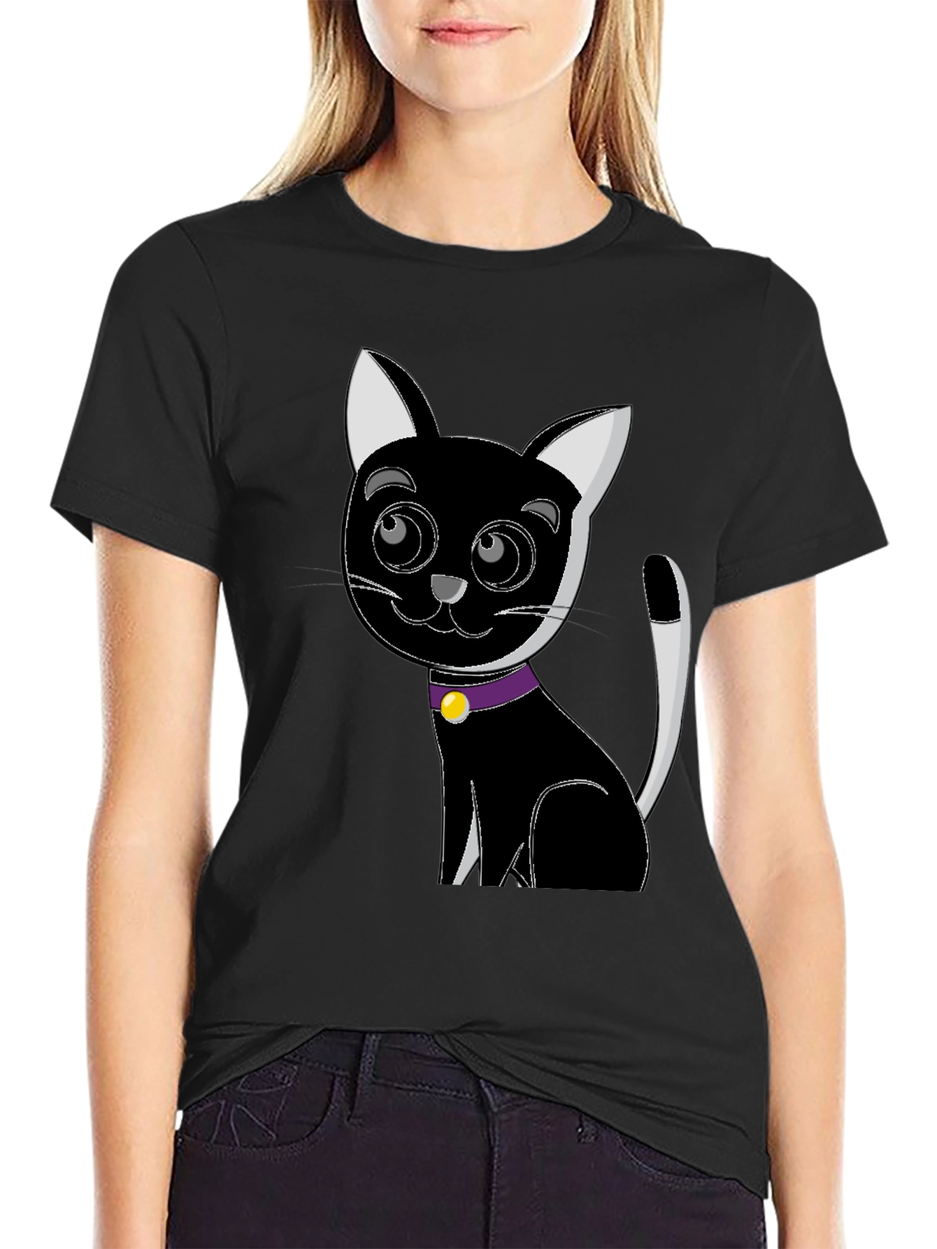 Cartoon Cat Graphic Tee - Black