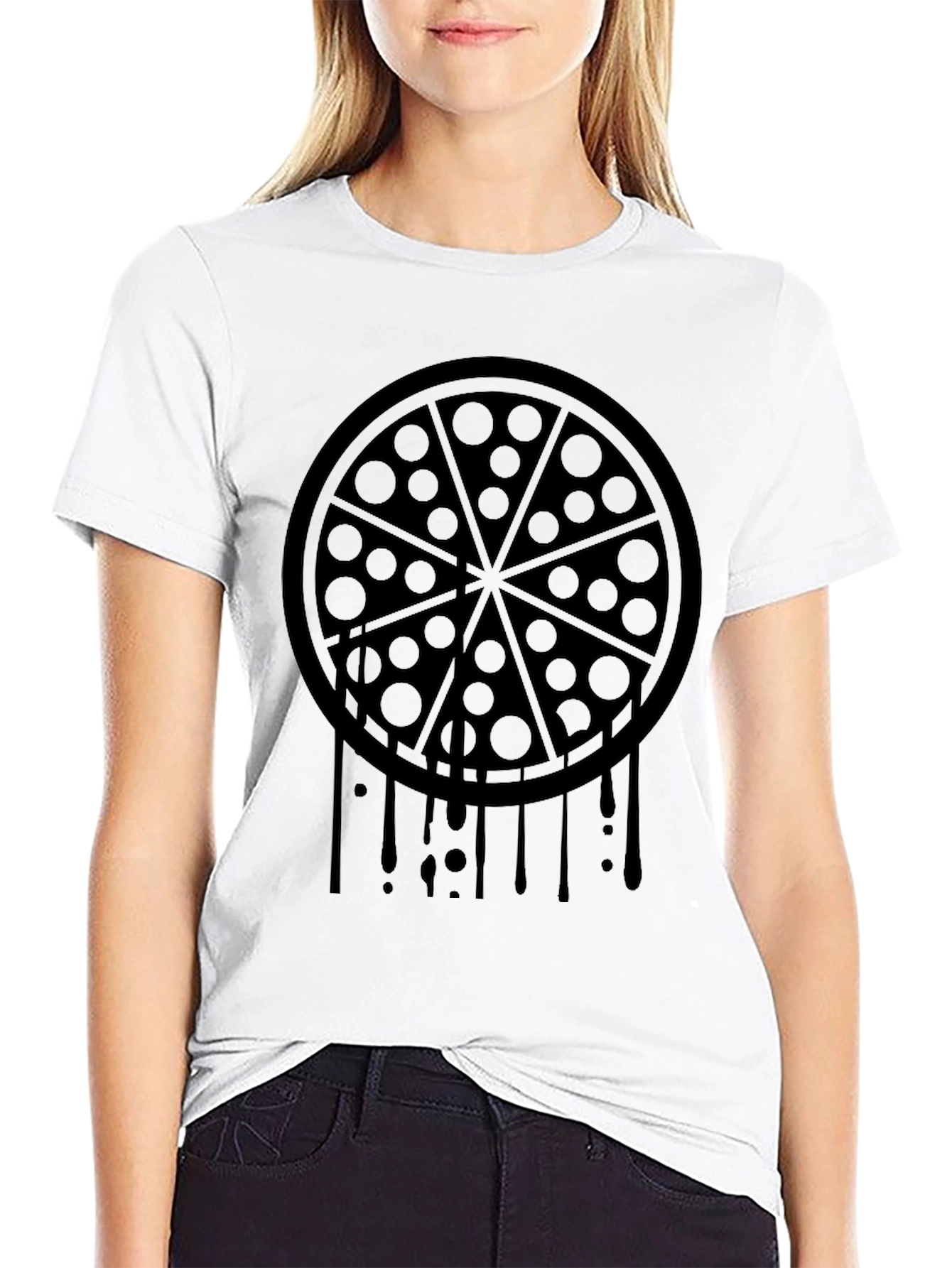 Pizza Drip Graphic Tee - Black Crew Neck T-Shirt