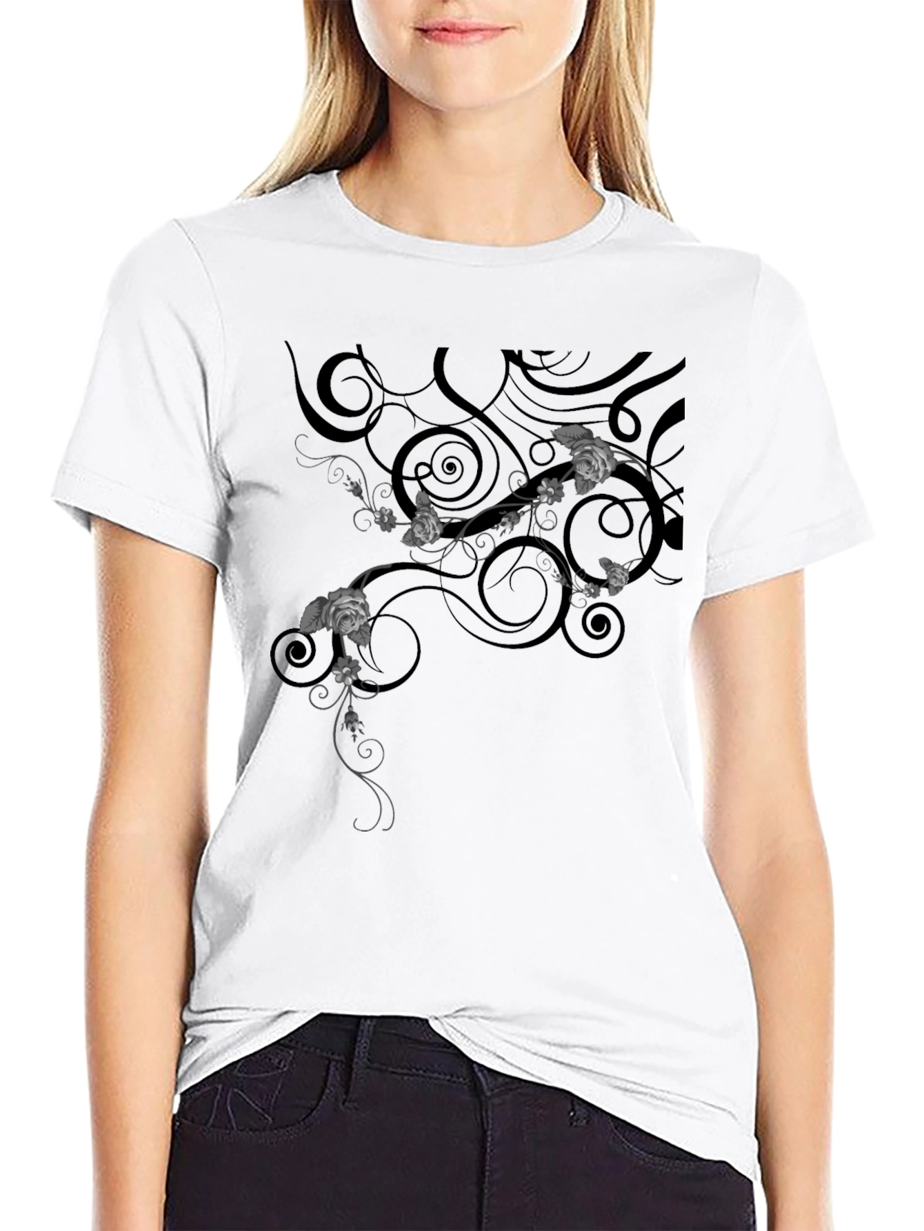 Elegant Black T-Shirt with Floral Vine Design