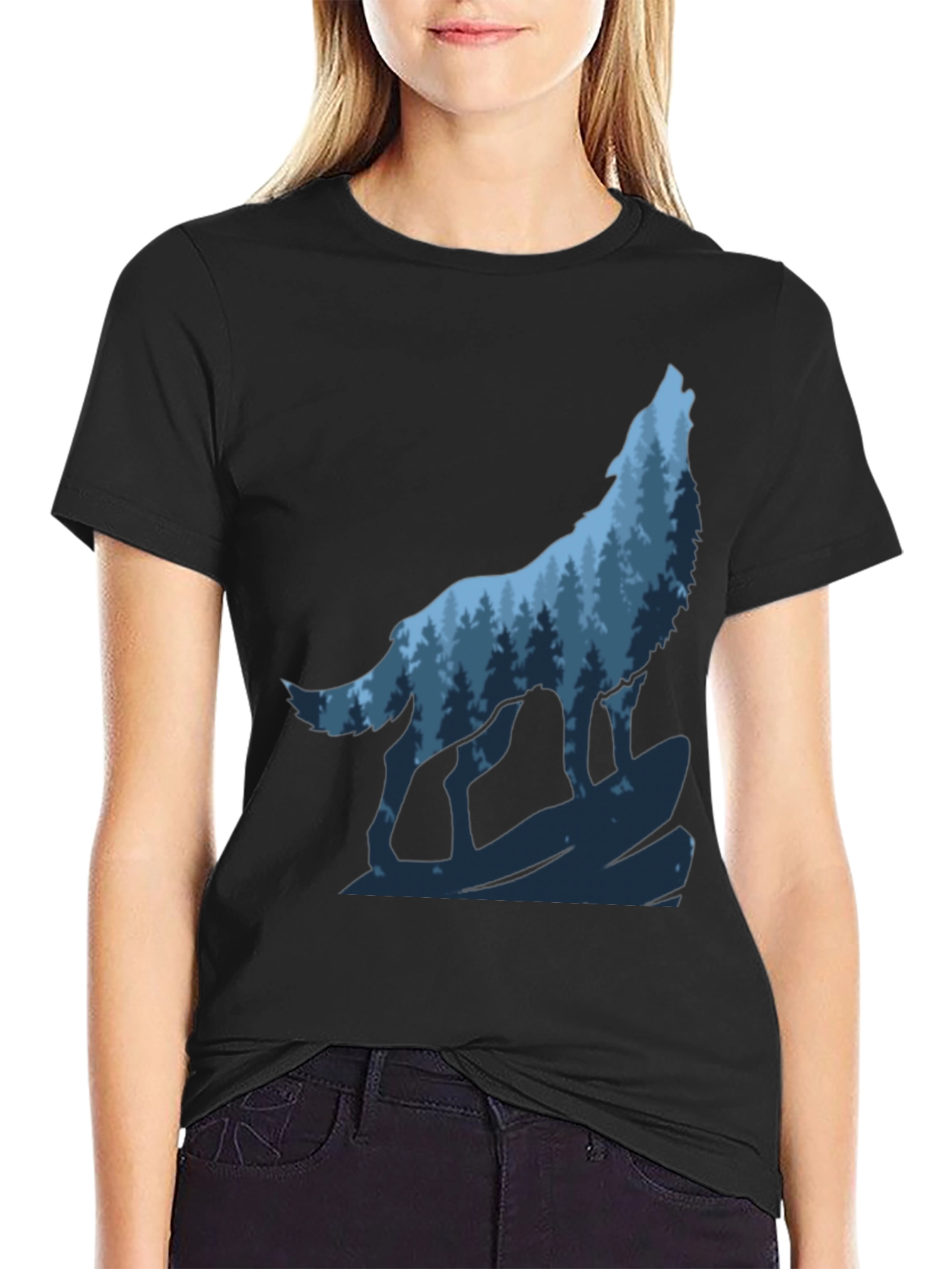 Wolf Howling Forest Graphic Tee - Black