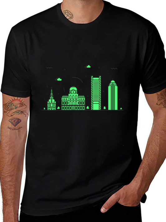 Black T-Shirt with Neon Green Building Graphic