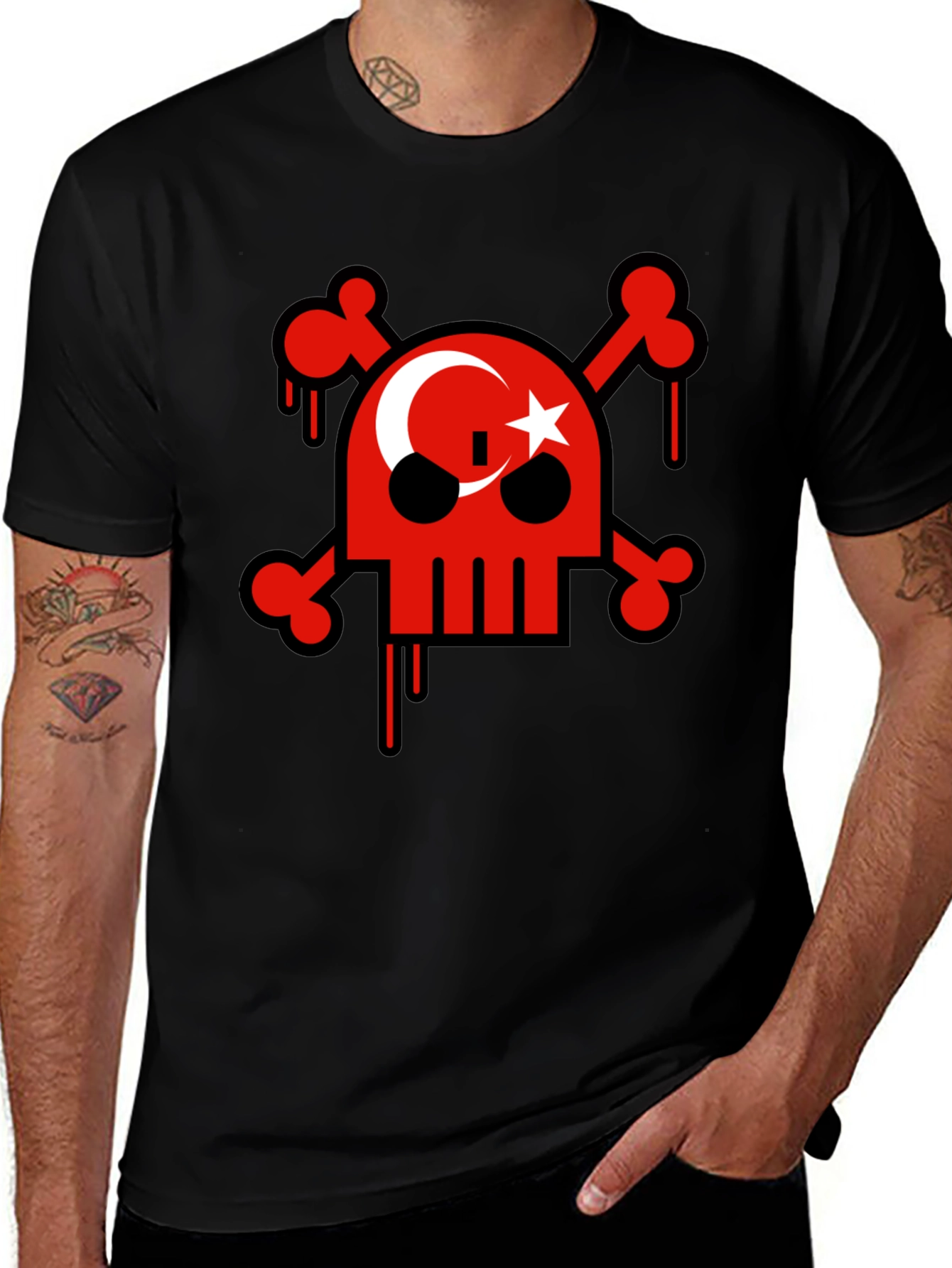 Skull and Crossbones Turkish Flag Mens Black T-Shirt