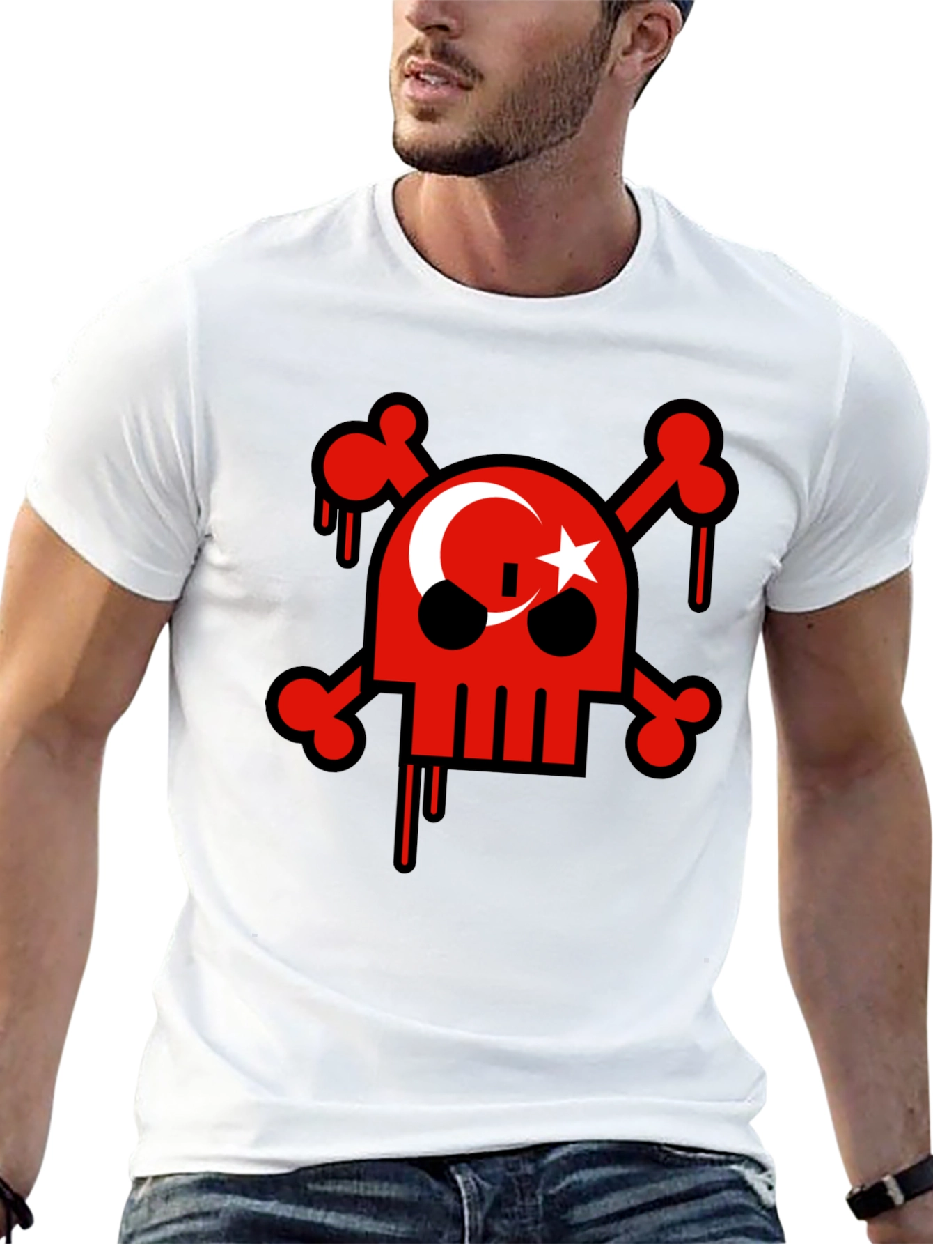 Skull and Crossbones Turkish Flag Mens Black T-Shirt