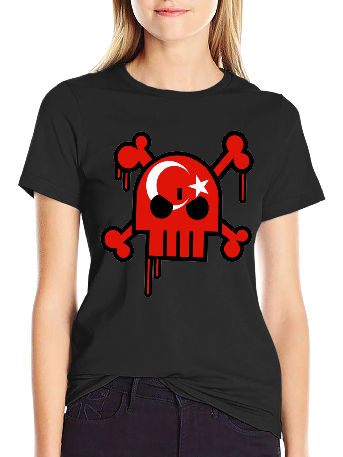 Skull and Crossbones Turkish Flag Mens Black T-Shirt