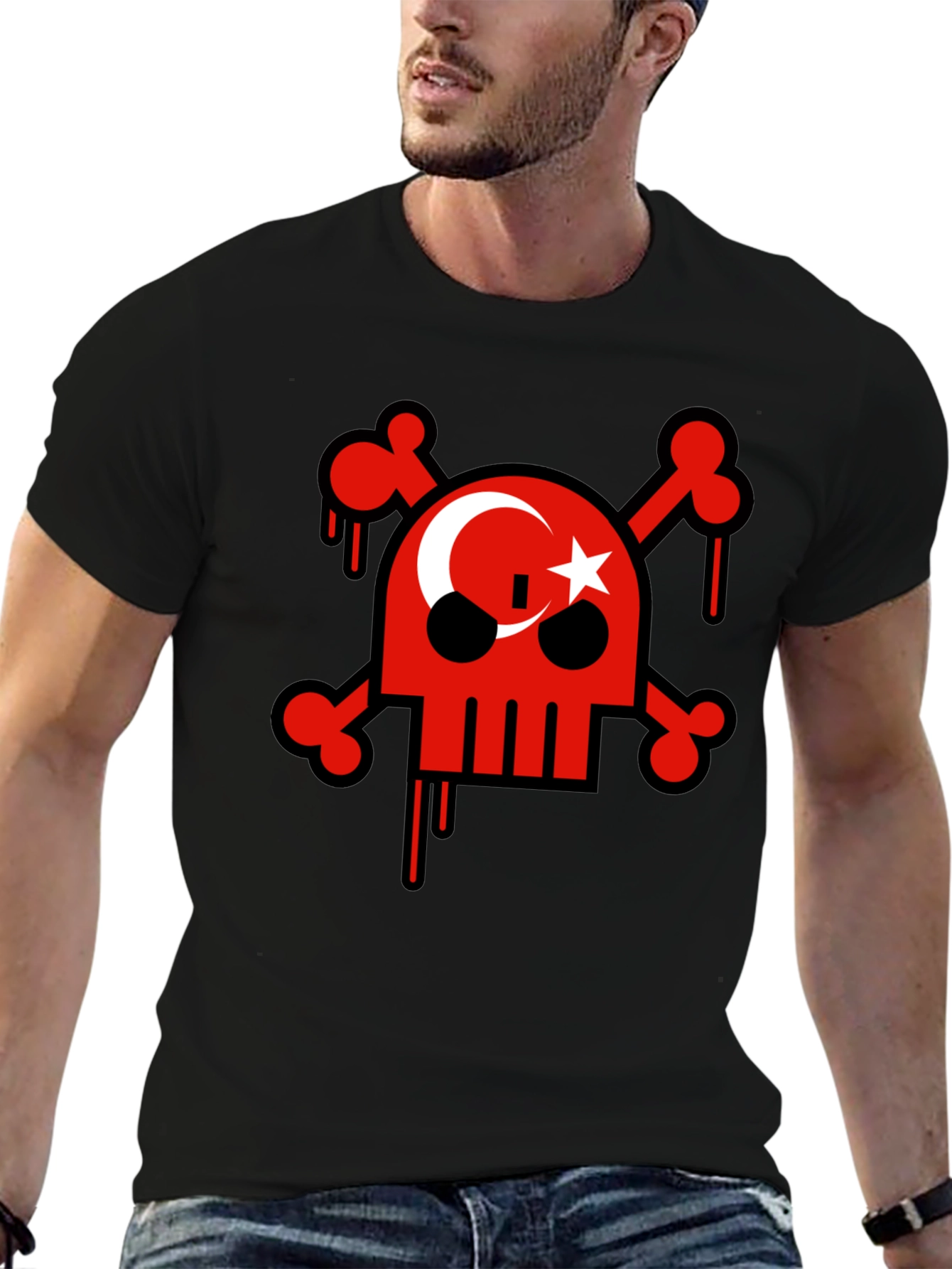 Skull and Crossbones Turkish Flag Mens Black T-Shirt