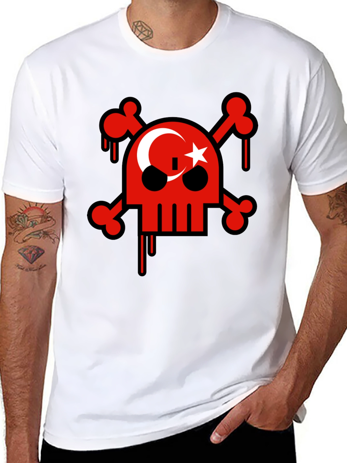 Skull and Crossbones Turkish Flag Mens Black T-Shirt