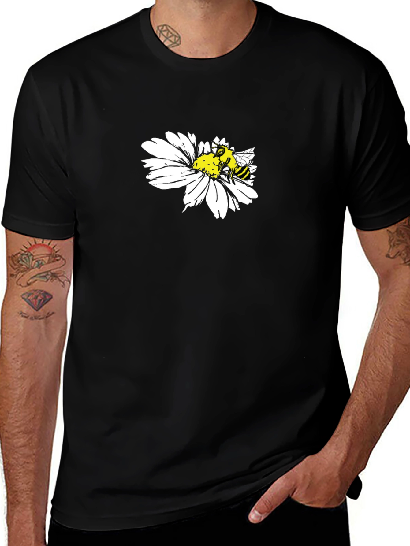 Black T-Shirt with Bee on Daisy Design