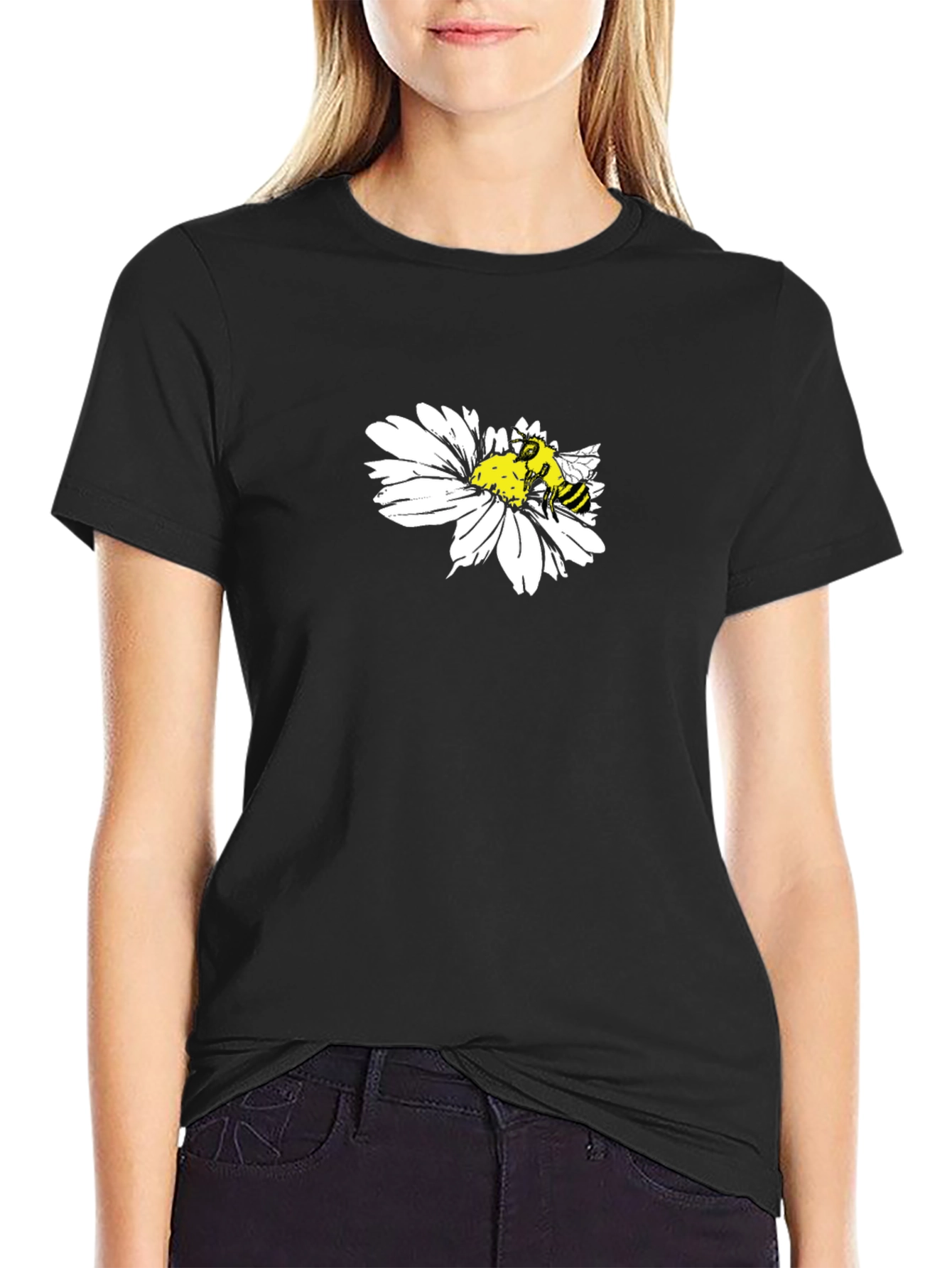 Black T-Shirt with Bee on Daisy Design