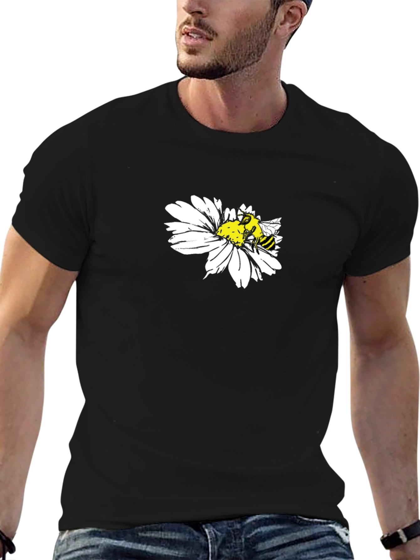 Black T-Shirt with Bee on Daisy Design