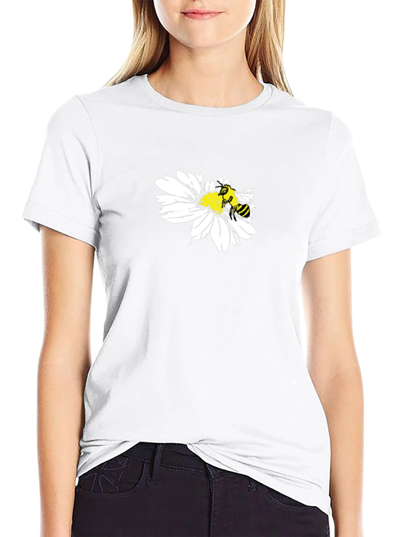 Black T-Shirt with Bee on Daisy Design