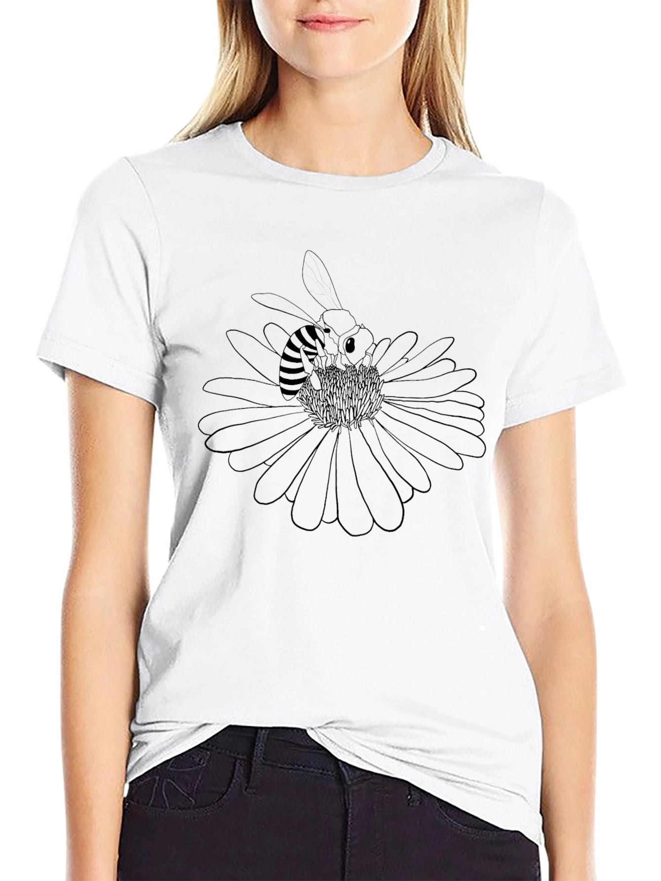Bee on Flower Graphic Tee - Black Cotton T-Shirt