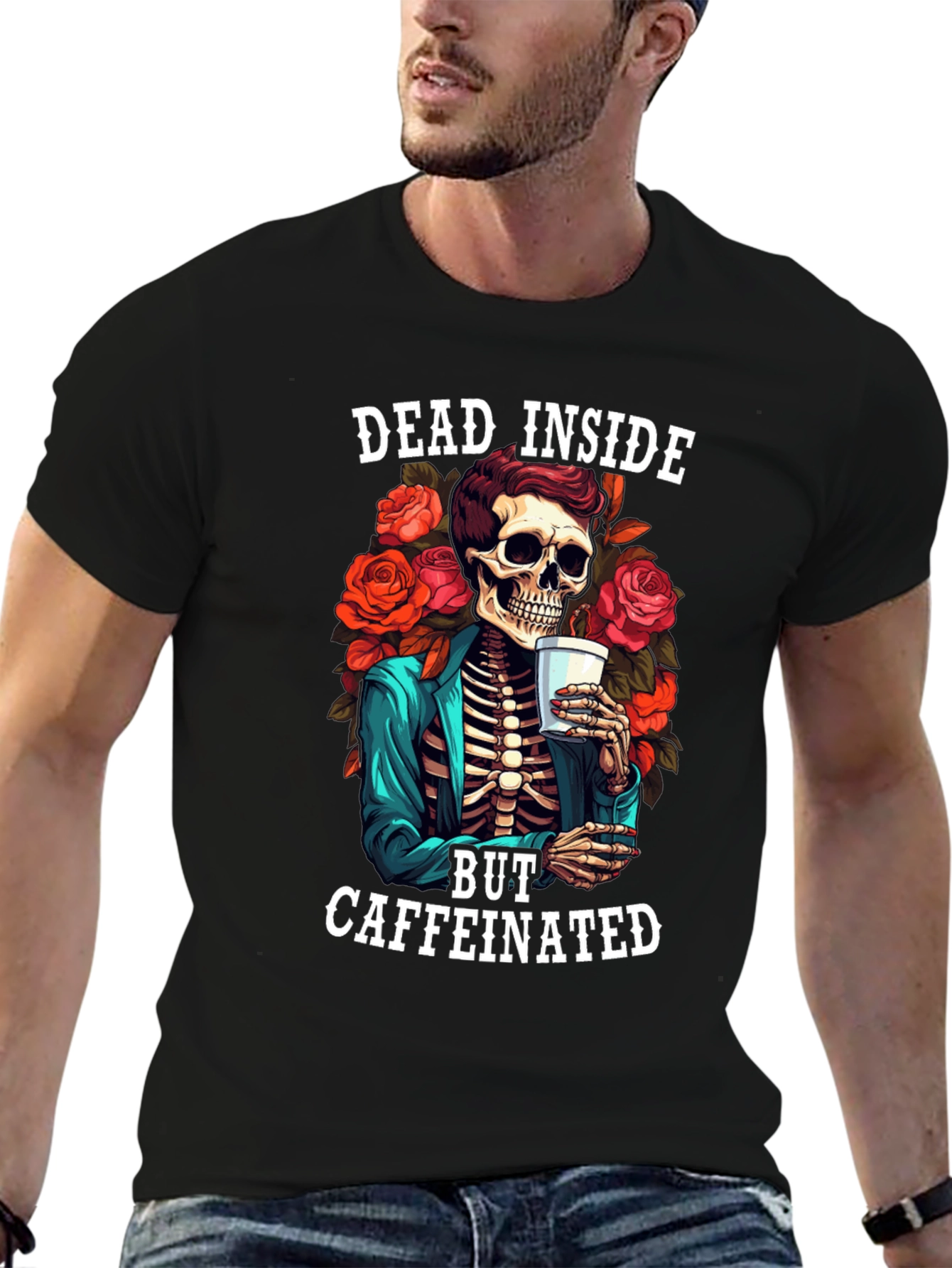 Dead Inside Caffeinated T-Shirt - Skeleton & Roses