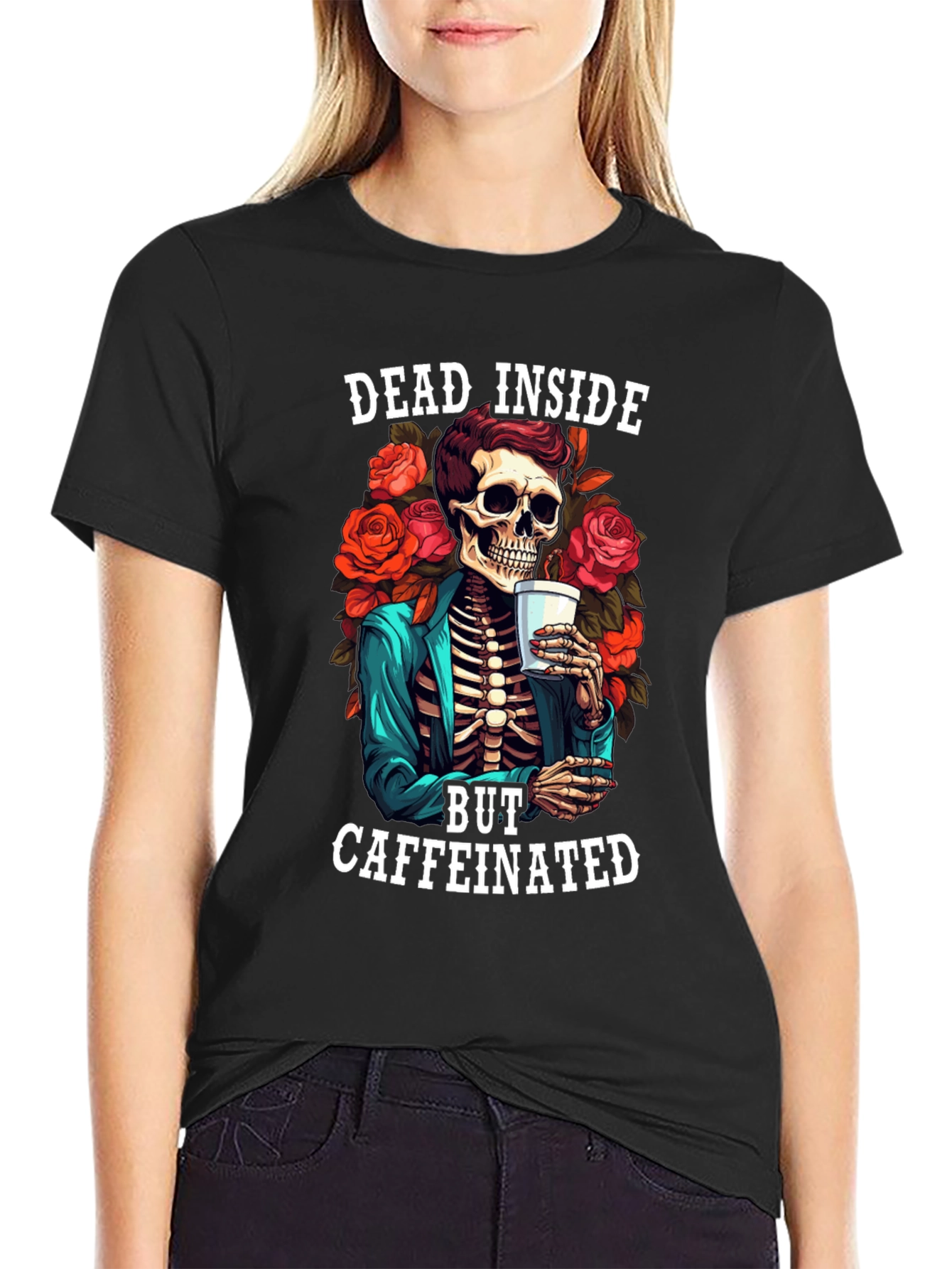 Dead Inside Caffeinated T-Shirt - Skeleton & Roses
