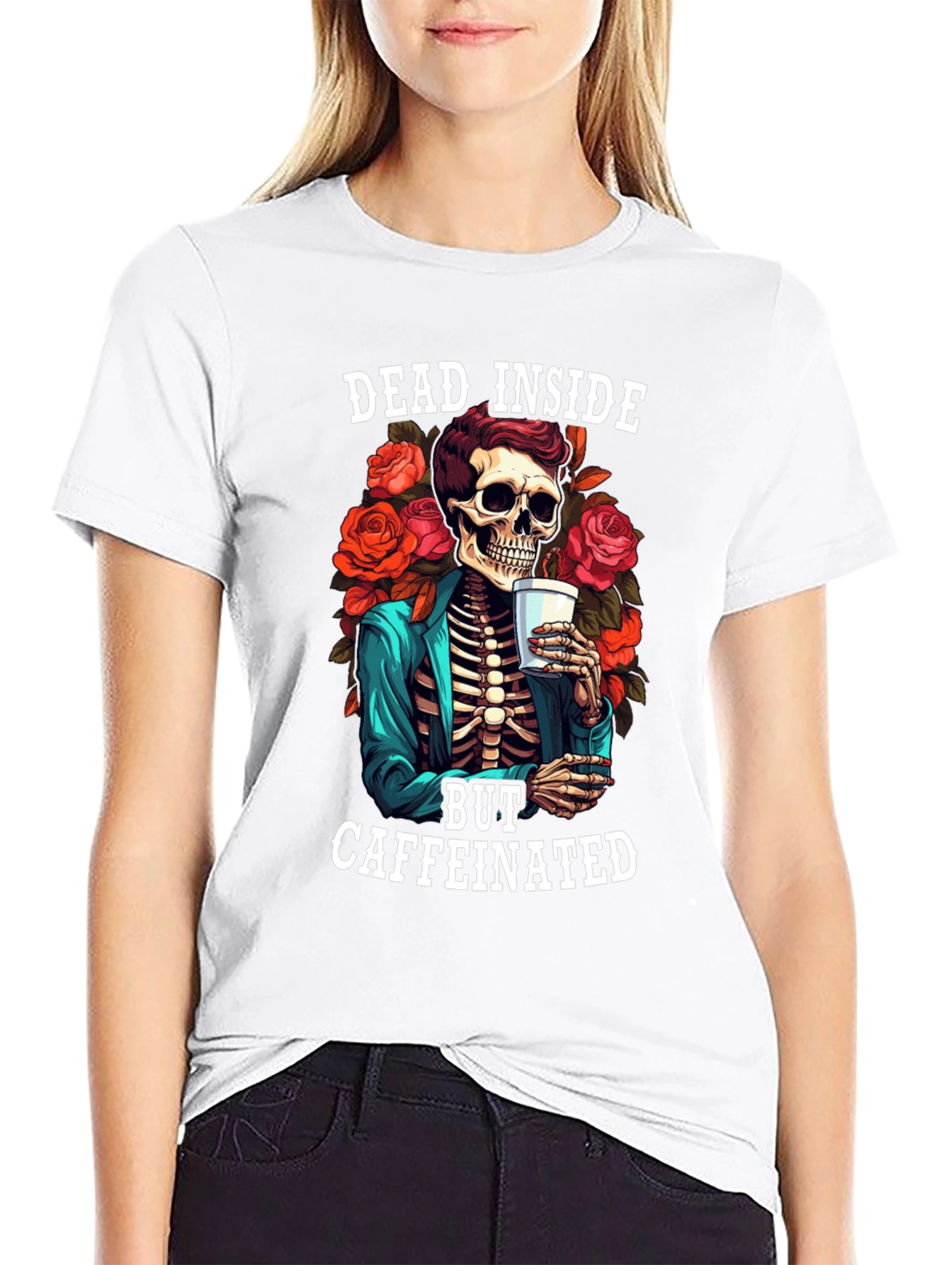 Dead Inside Caffeinated T-Shirt - Skeleton & Roses