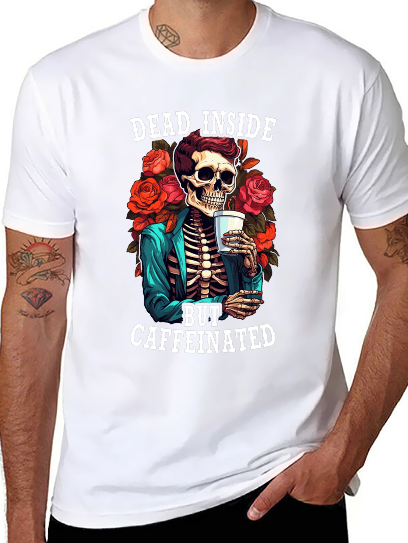 Dead Inside Caffeinated T-Shirt - Skeleton & Roses