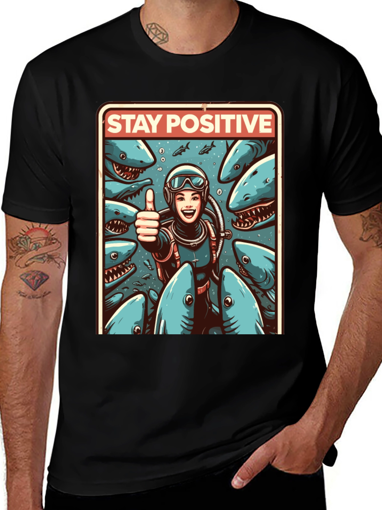 Stay Positive Diver T-Shirt: Shark Edition