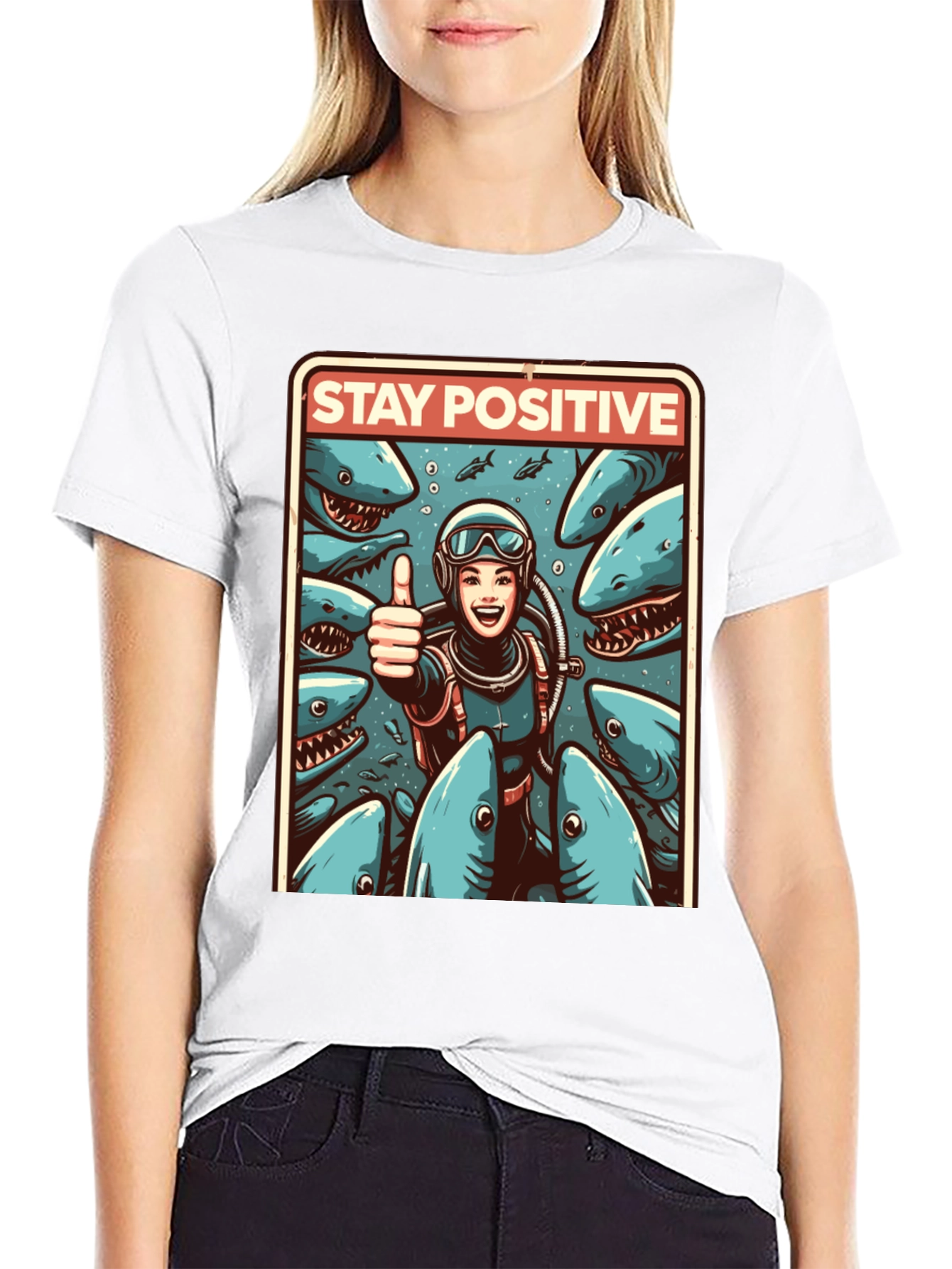 Stay Positive Diver T-Shirt: Shark Edition
