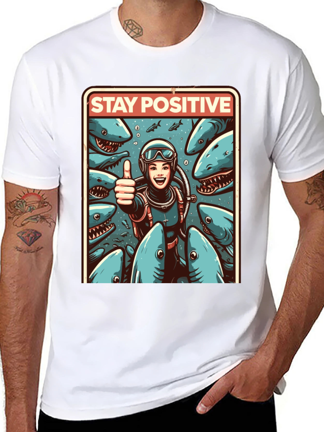Stay Positive Diver T-Shirt: Shark Edition