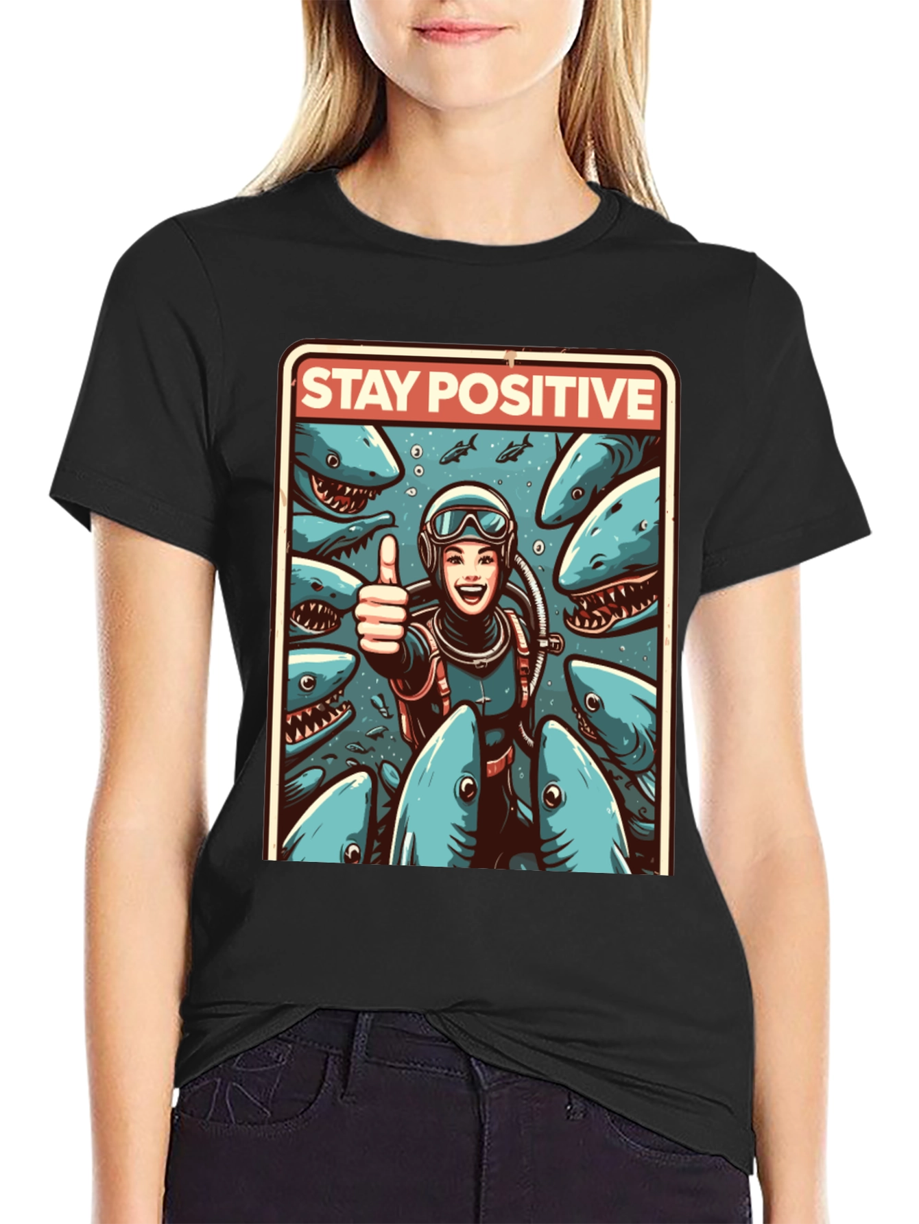 Stay Positive Diver T-Shirt: Shark Edition