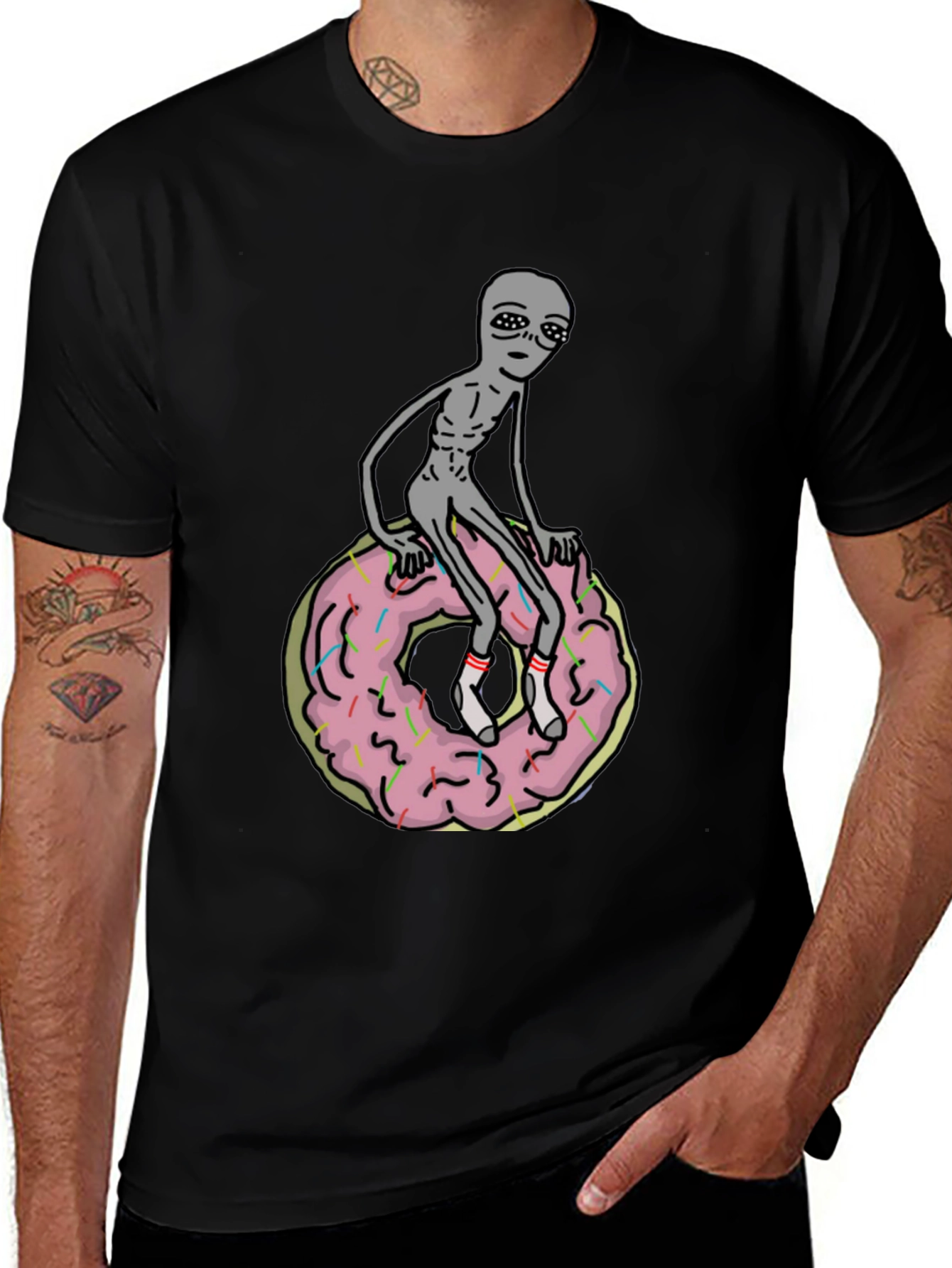 Alien on Donut T-Shirt - Black Graphic Tee